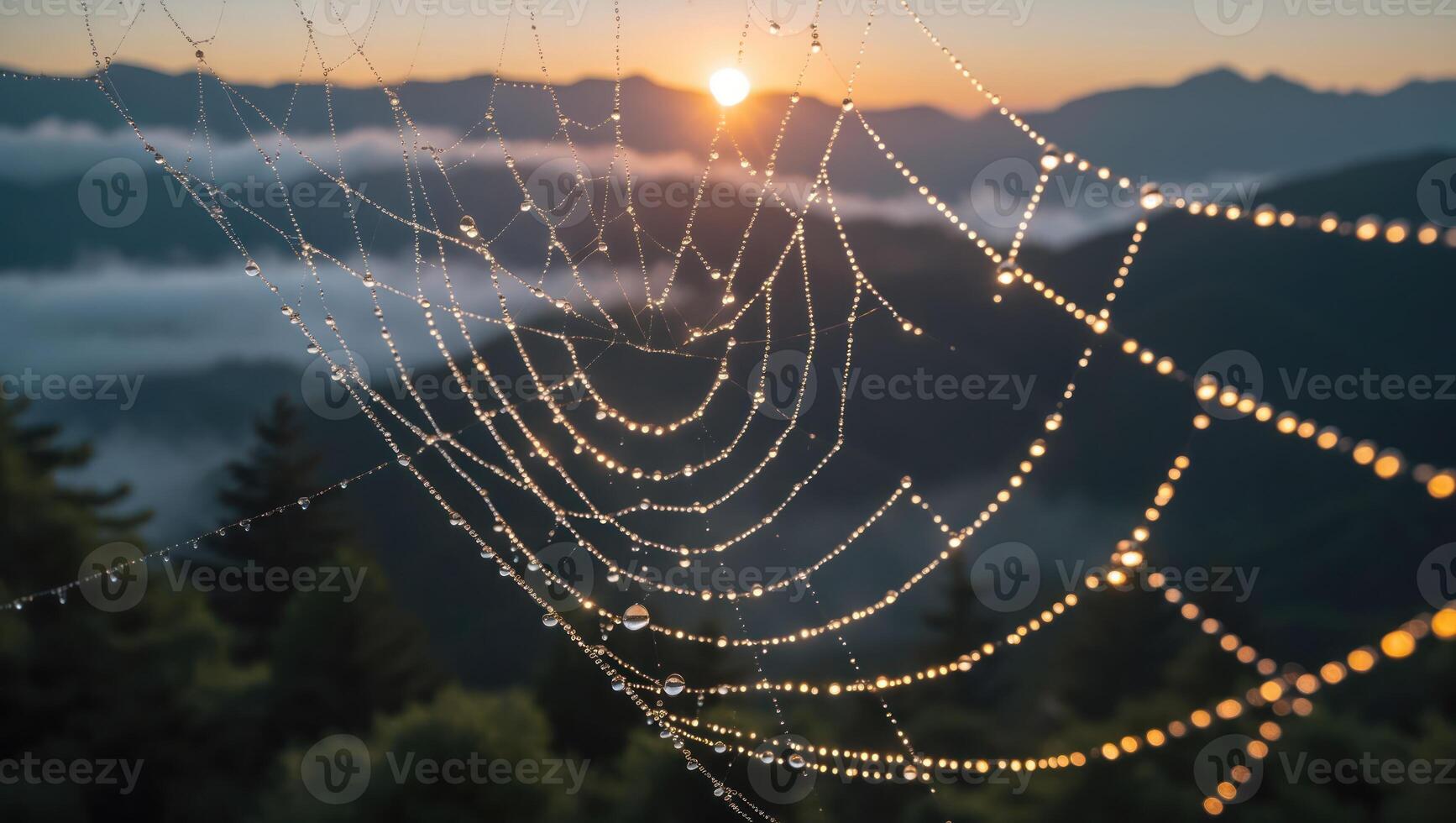 Spiderweb Covered with Dew Drops at Sunrise in a Mountain Landscape photo