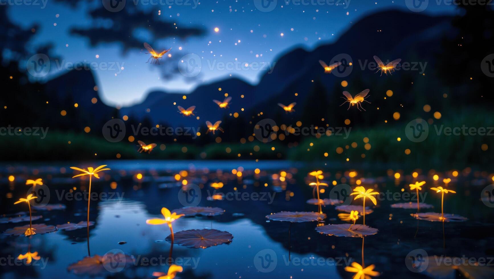 Fireflies Flying Over Pond with Lily Pads at Night photo