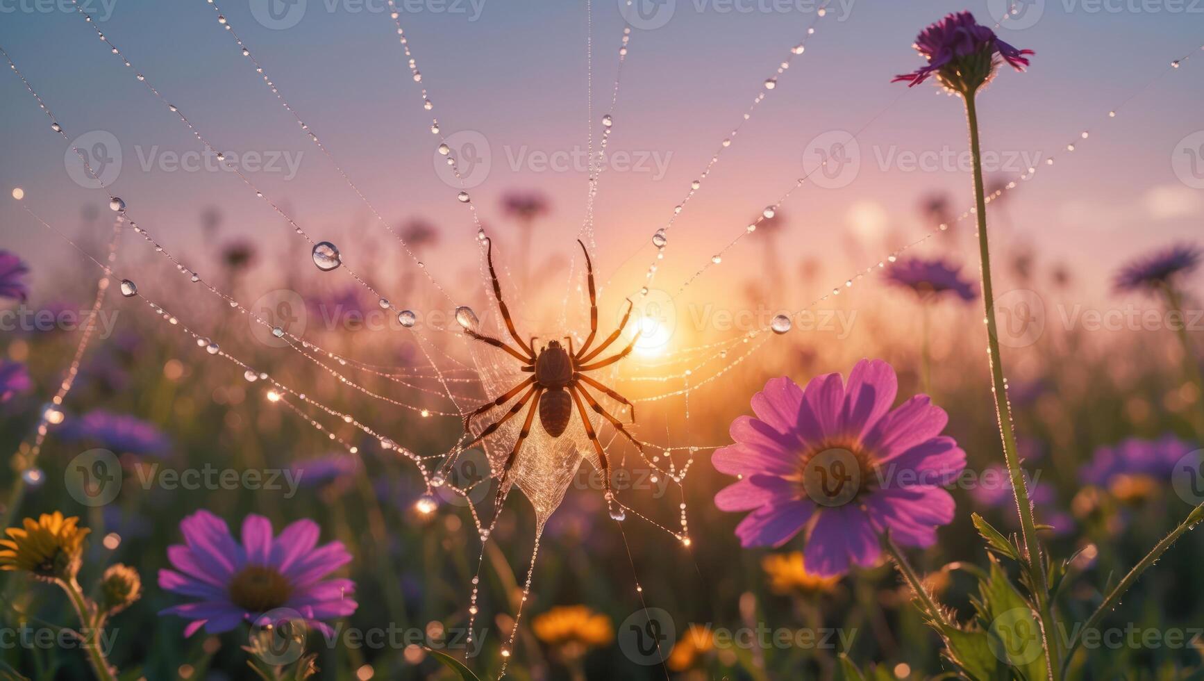 Spider Web Dew Drops on Flowers with Sunset in Meadow photo