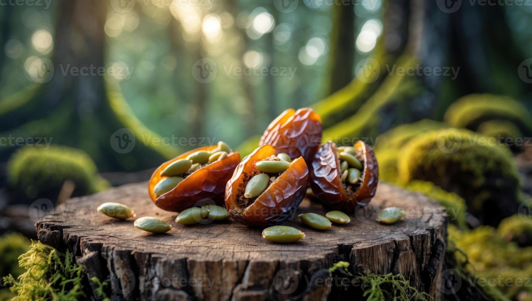Dried Dates Stuffed with Seeds on Wood in Forest Setting photo