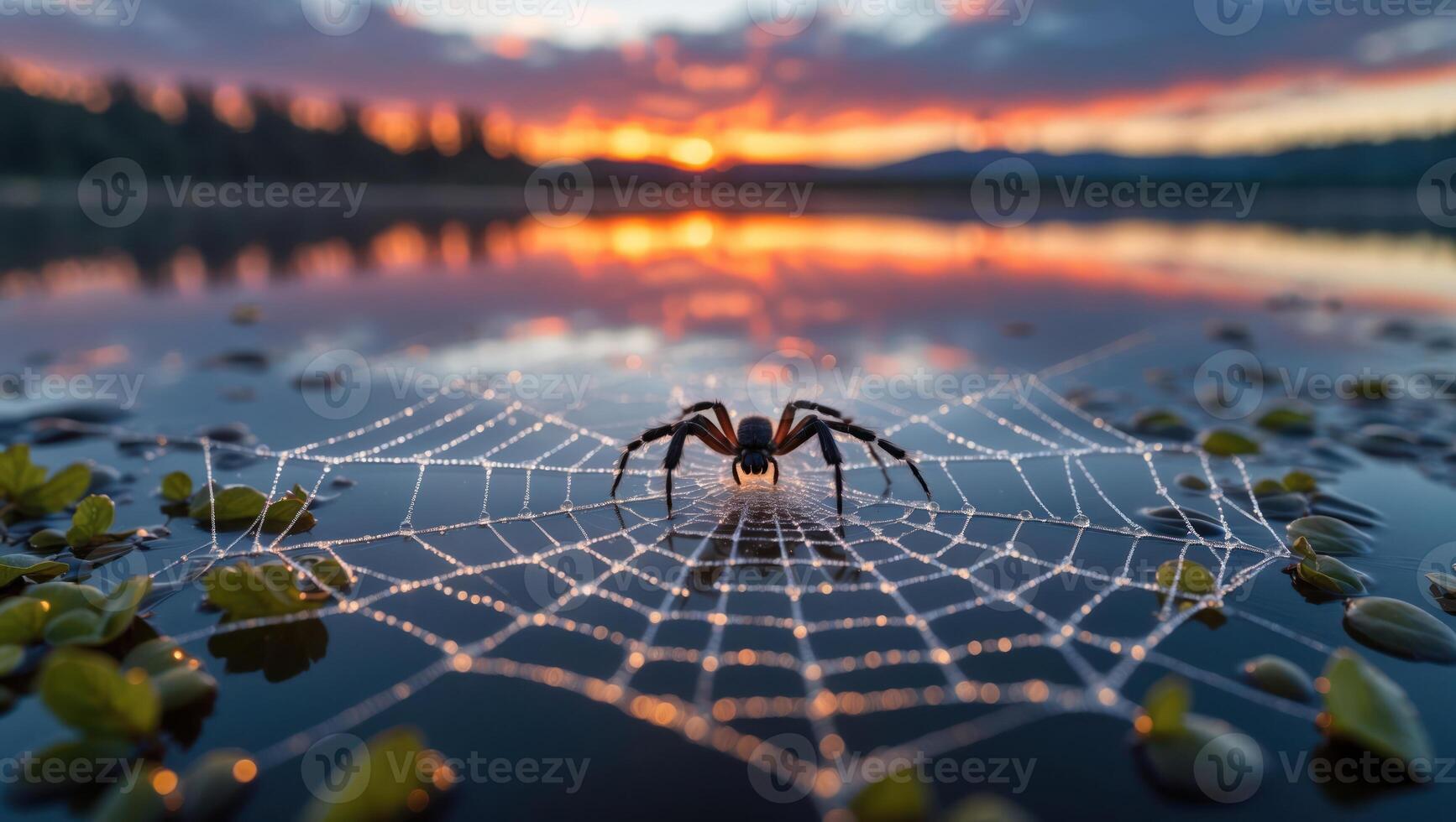 Spider on Dew Covered Web with Sunset Reflection Over Water photo