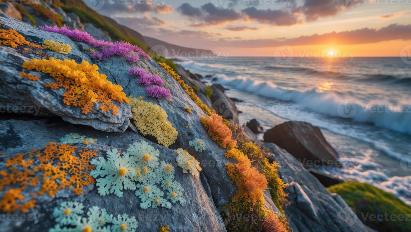 Colorful Coastal Flora on Rocky Shoreline with Sunset Over the Ocean photo