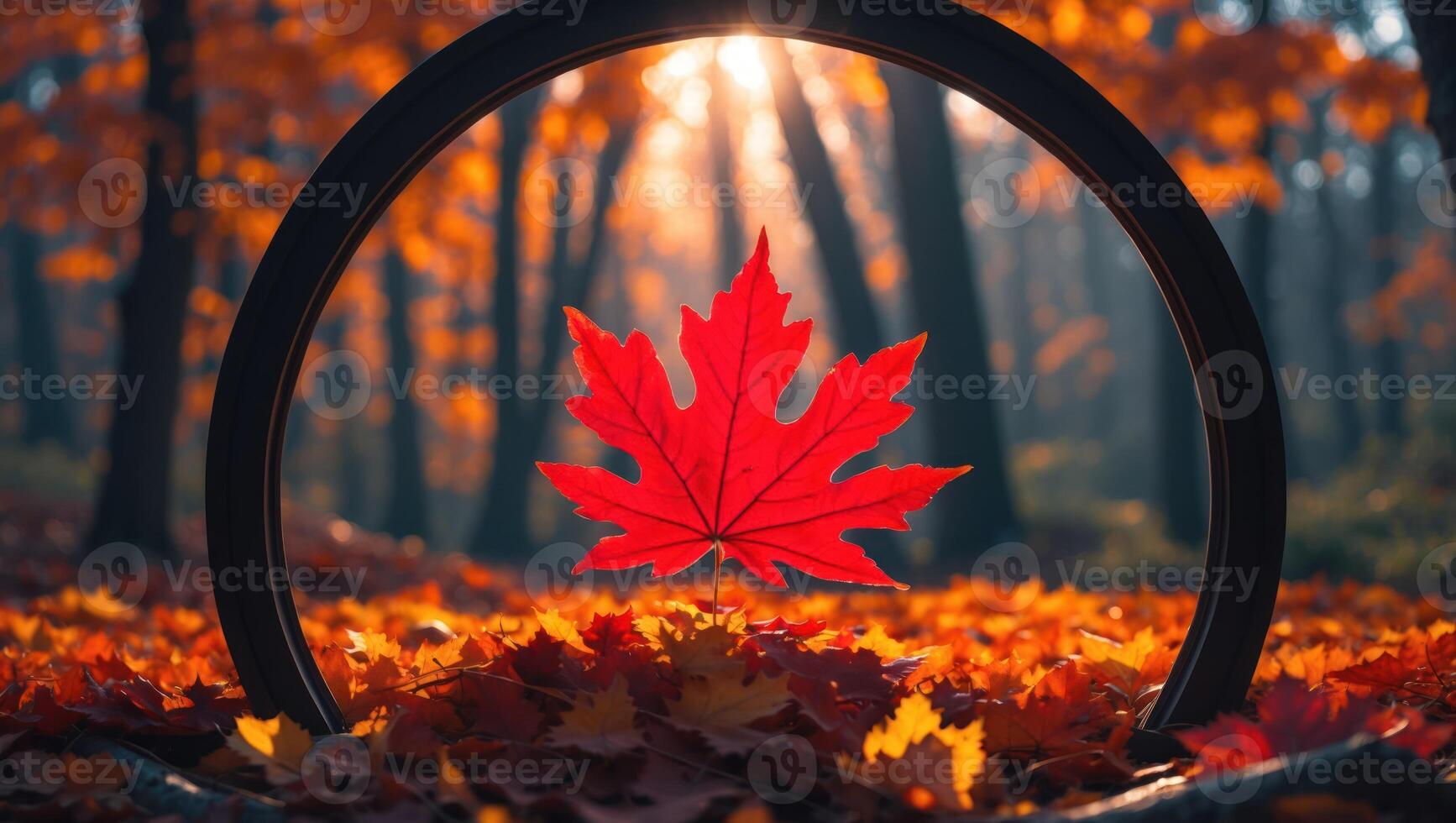 Red Maple Leaf with Sun Rays in Autumn Forest Frame photo