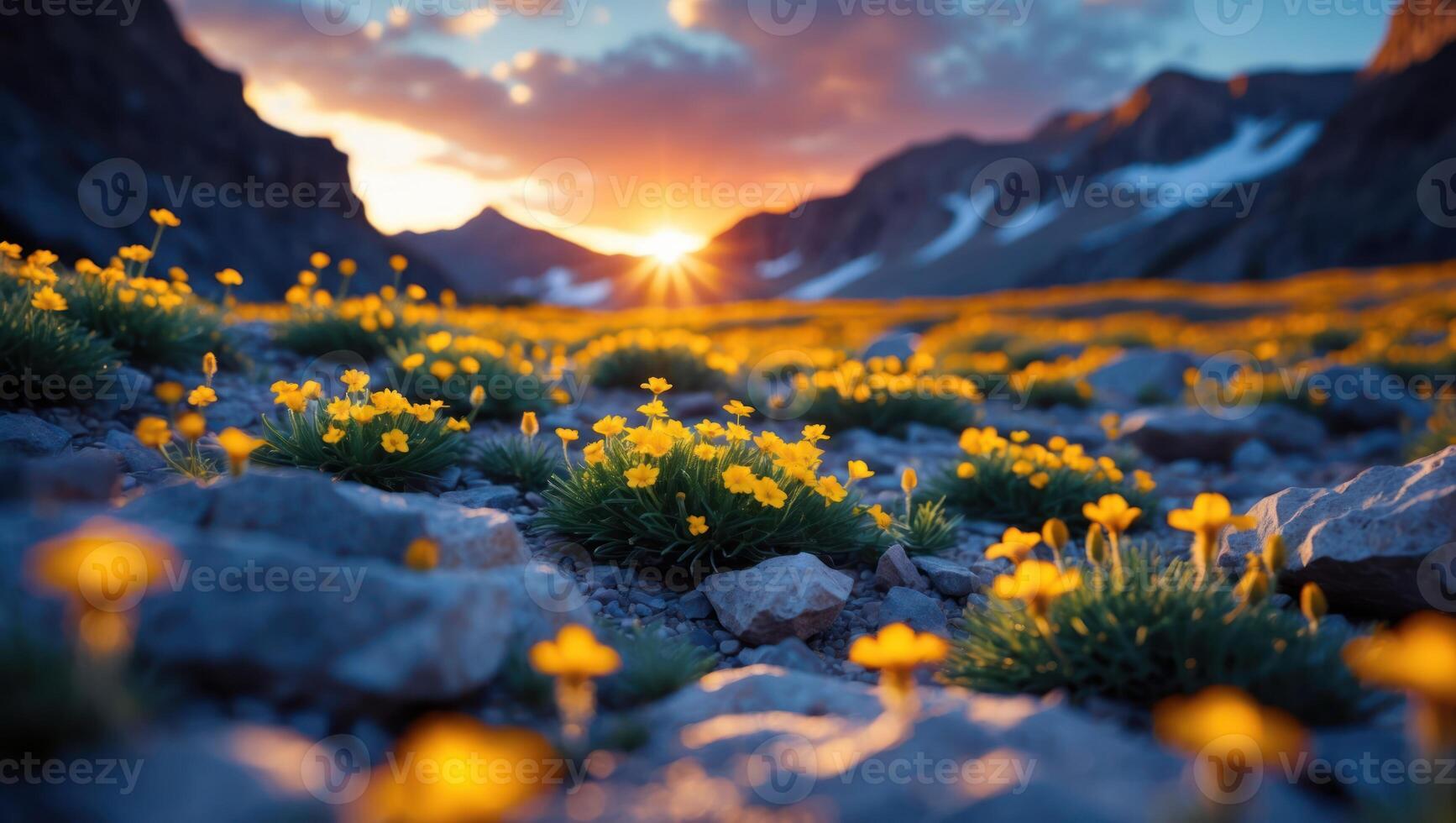 Yellow Wildflowers Bloom in Rocky Mountain Landscape at Sunset photo