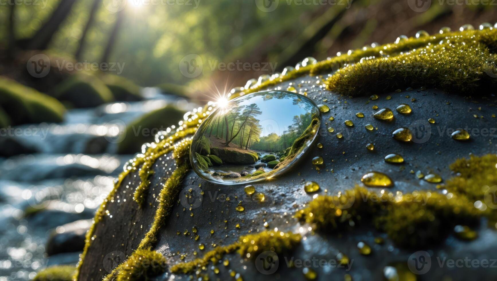 Water Drop Reflecting Forest and Sunlight on Mossy River Rock photo