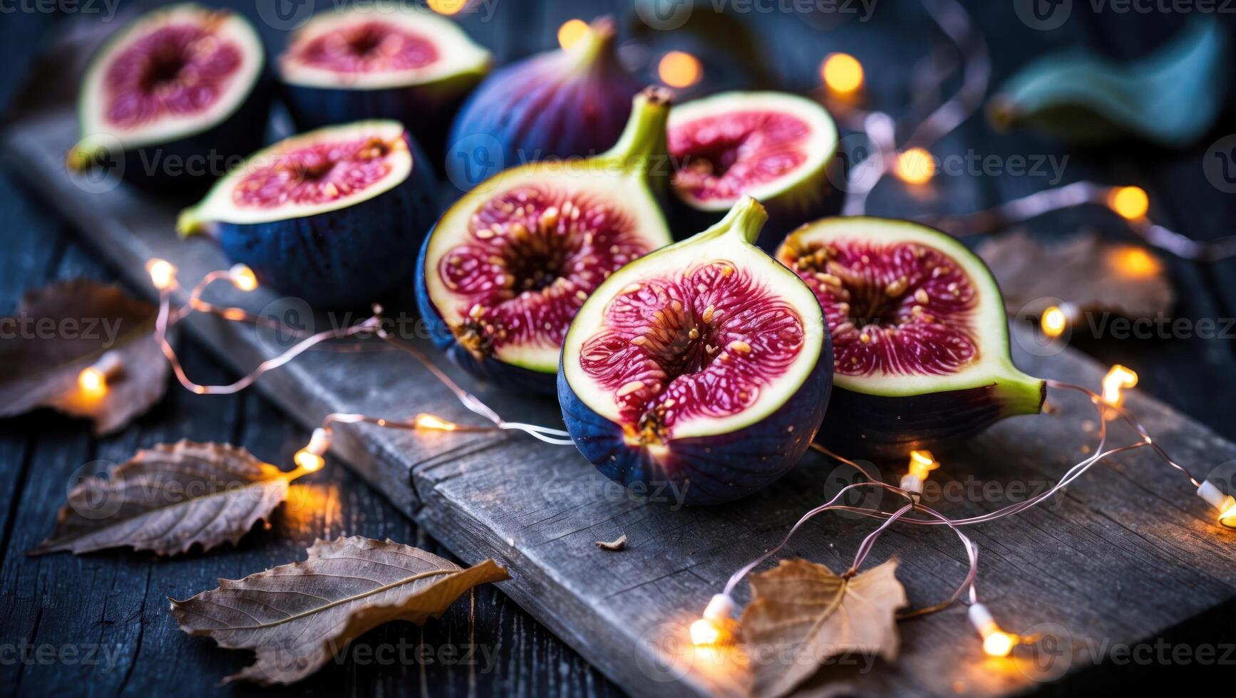 Sliced Figs on Wooden Board with Fall Leaves and String Lights photo