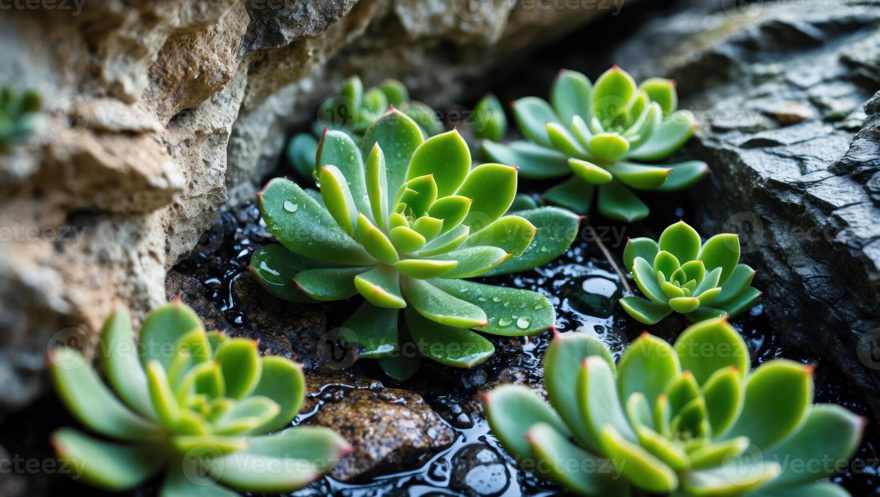 Succulent Plants Growing Among Rocks with Water Droplets Closeup photo