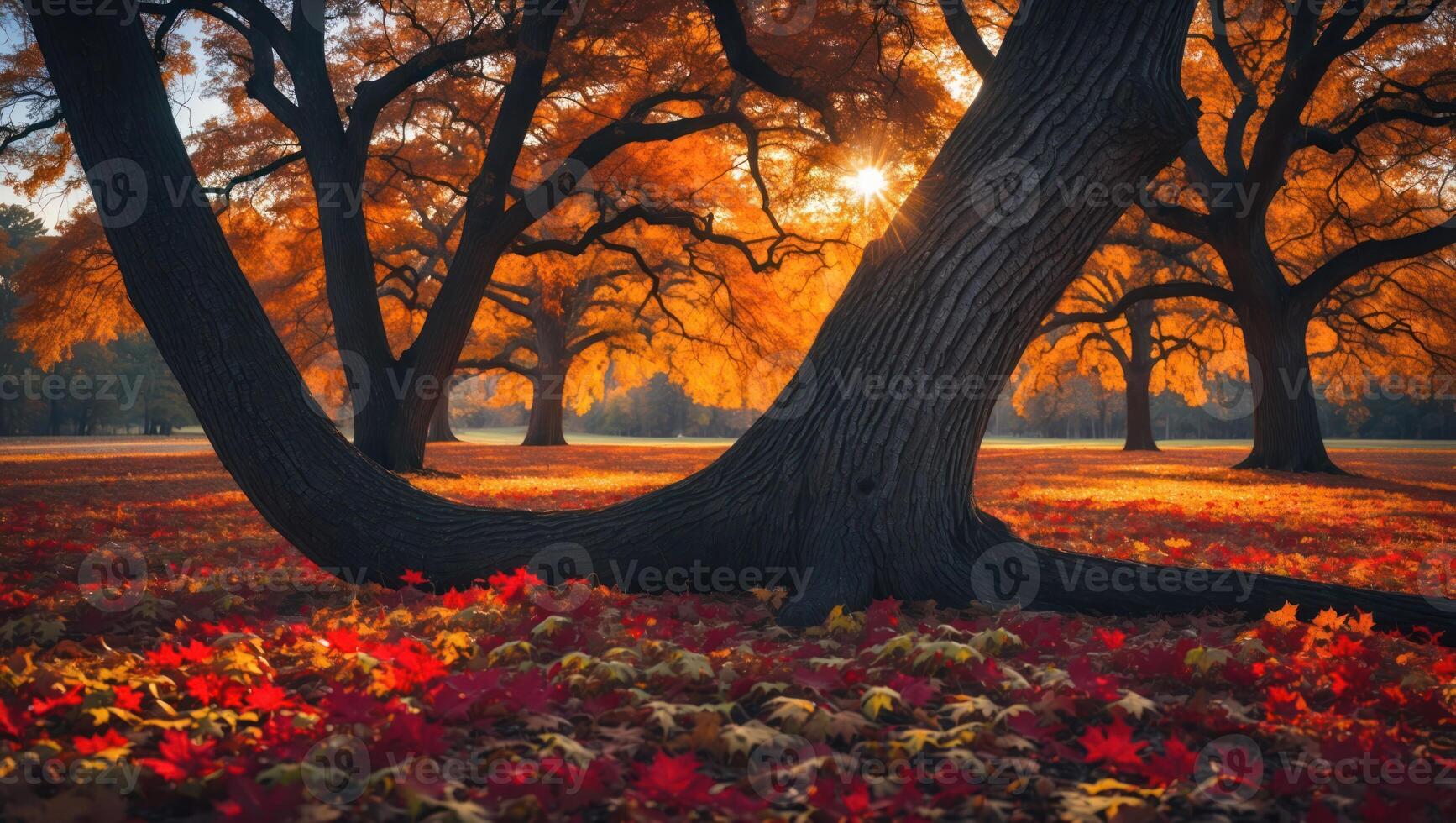 Autumn Landscape with Colorful Leaves and Sunlight Shining Through Trees photo