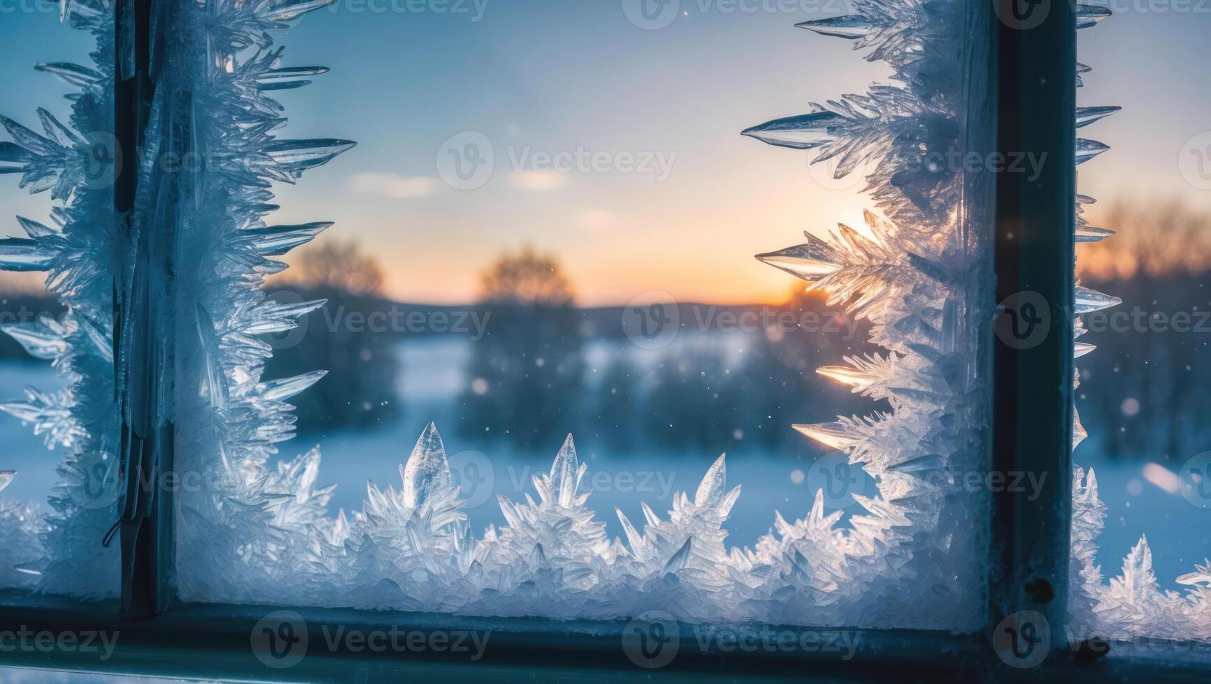 Frost Crystals Decorating Window Pane with Winter Landscape Beyond photo