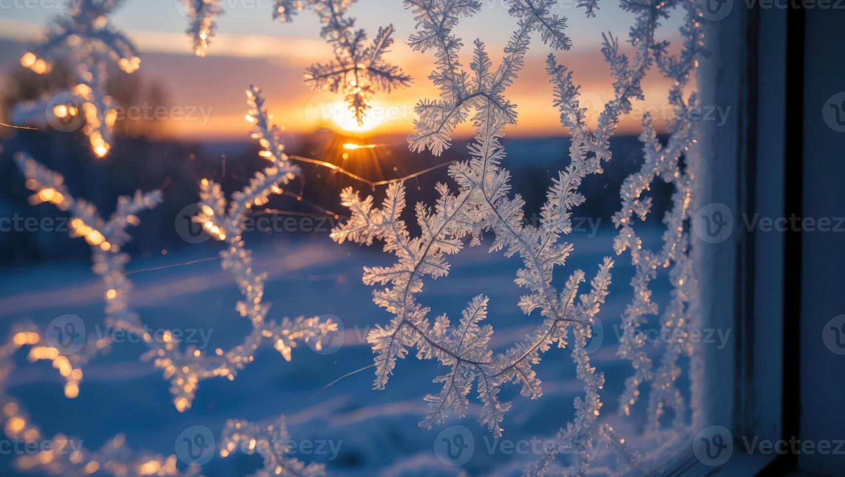Frosty Window with Snowflake Ice Crystals at Sunrise on Winter Day photo