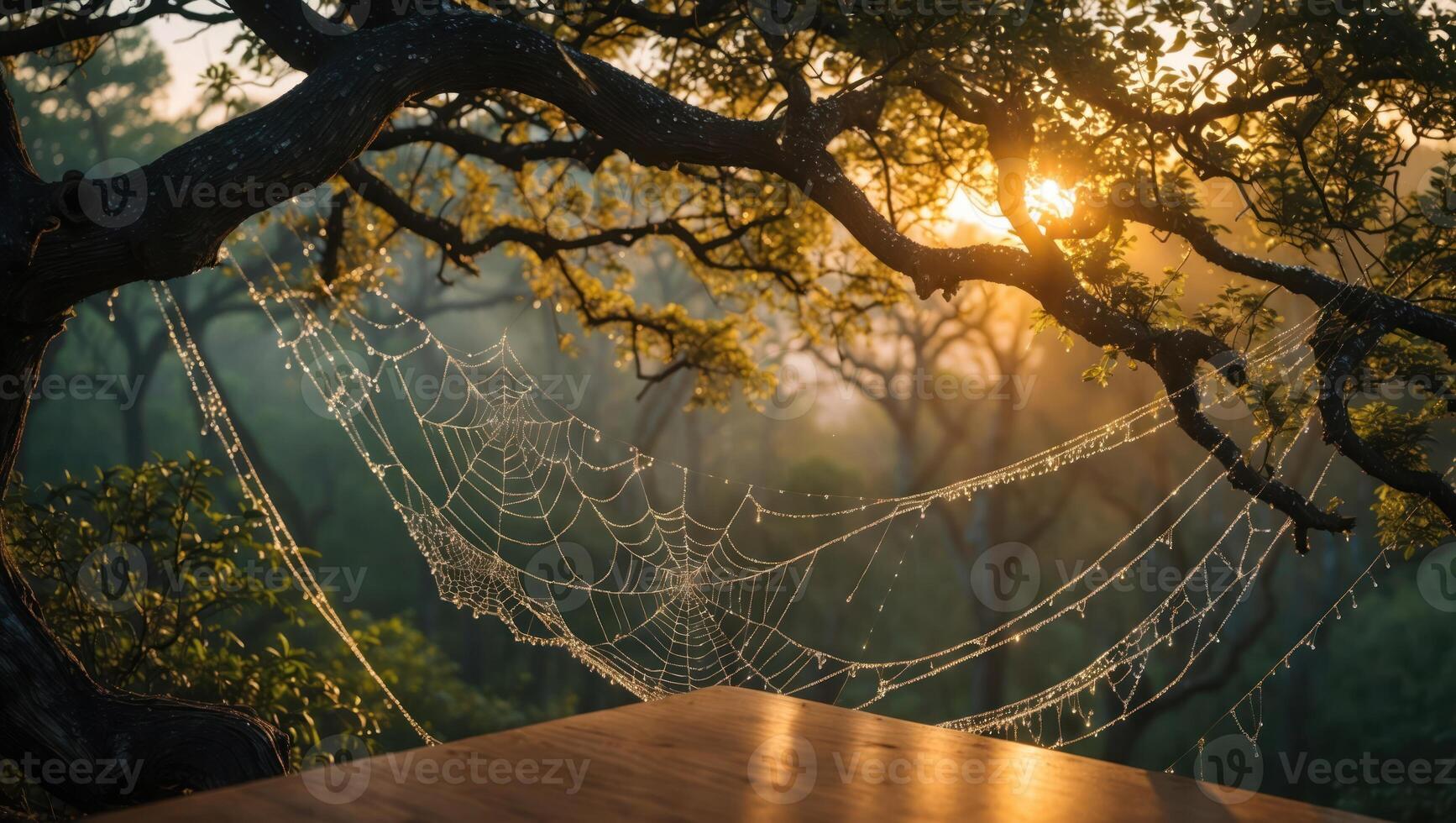 Spiderweb Covered in Dew Drops at Sunrise in a Lush Forest photo