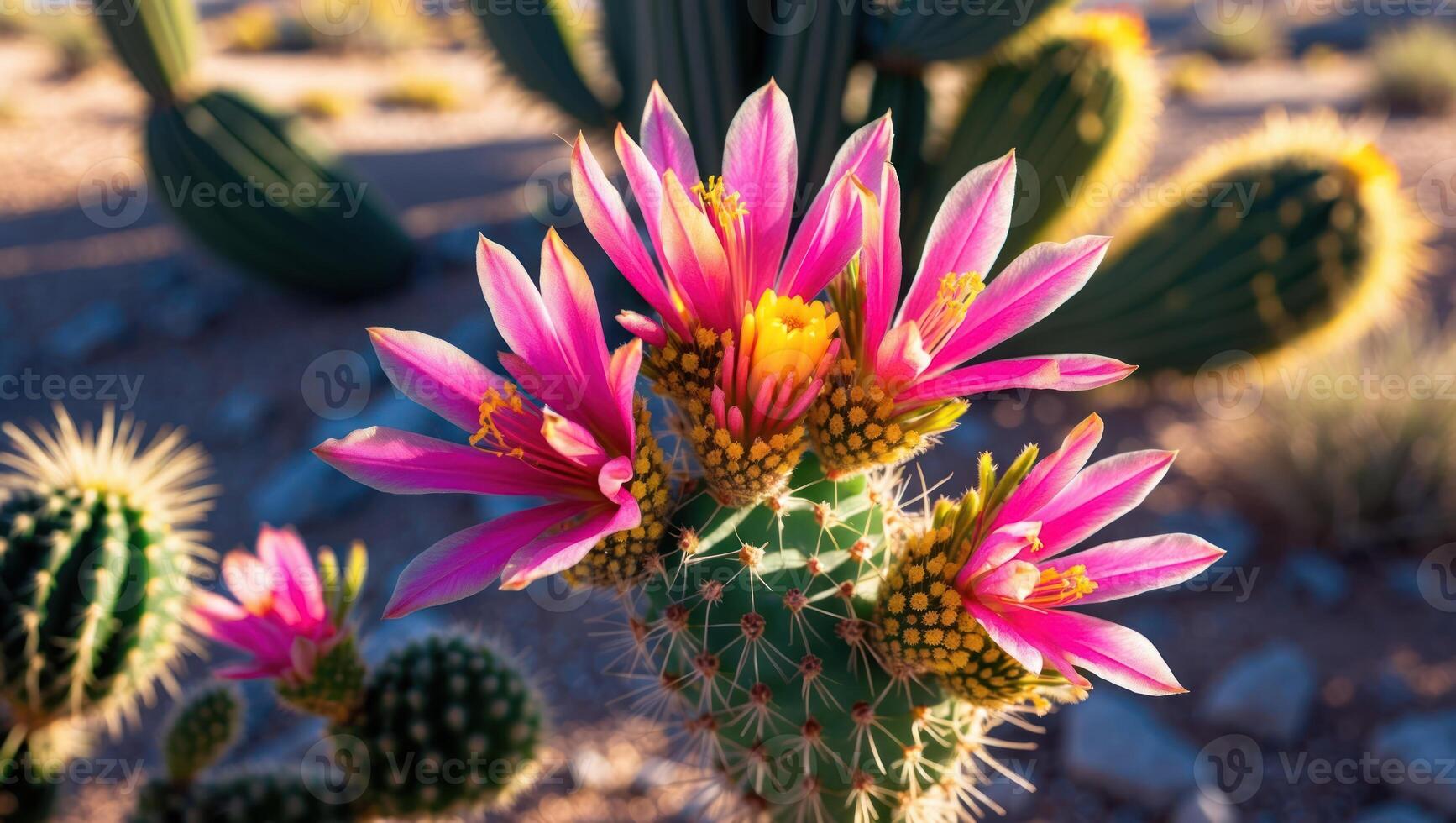Flowering Cactus with Pink Flowers in Desert Landscape Background photo