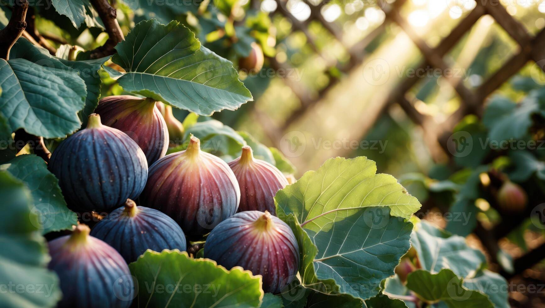 Ripe Figs Growing on a Branch with Sunlight Streaming Through photo