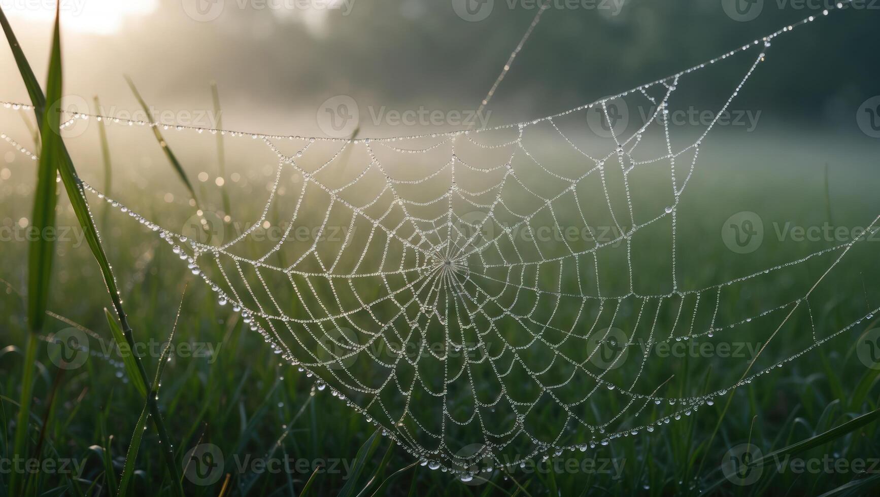 Spiderweb Covered in Dew Drops Hangs Over Green Grassy Field photo