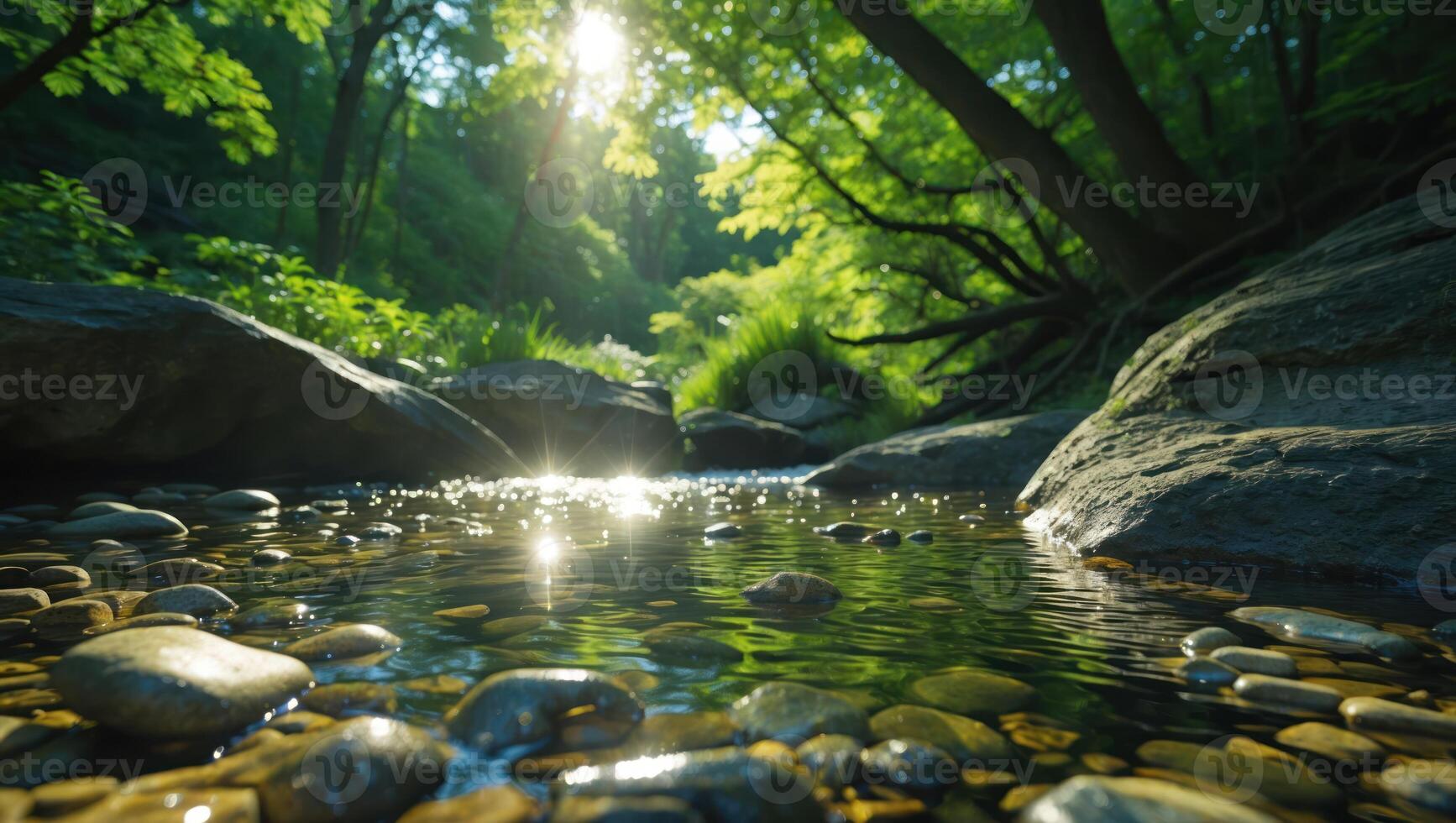 Clear Forest Stream Flowing Over Rocks in Sunlight Landscape photo