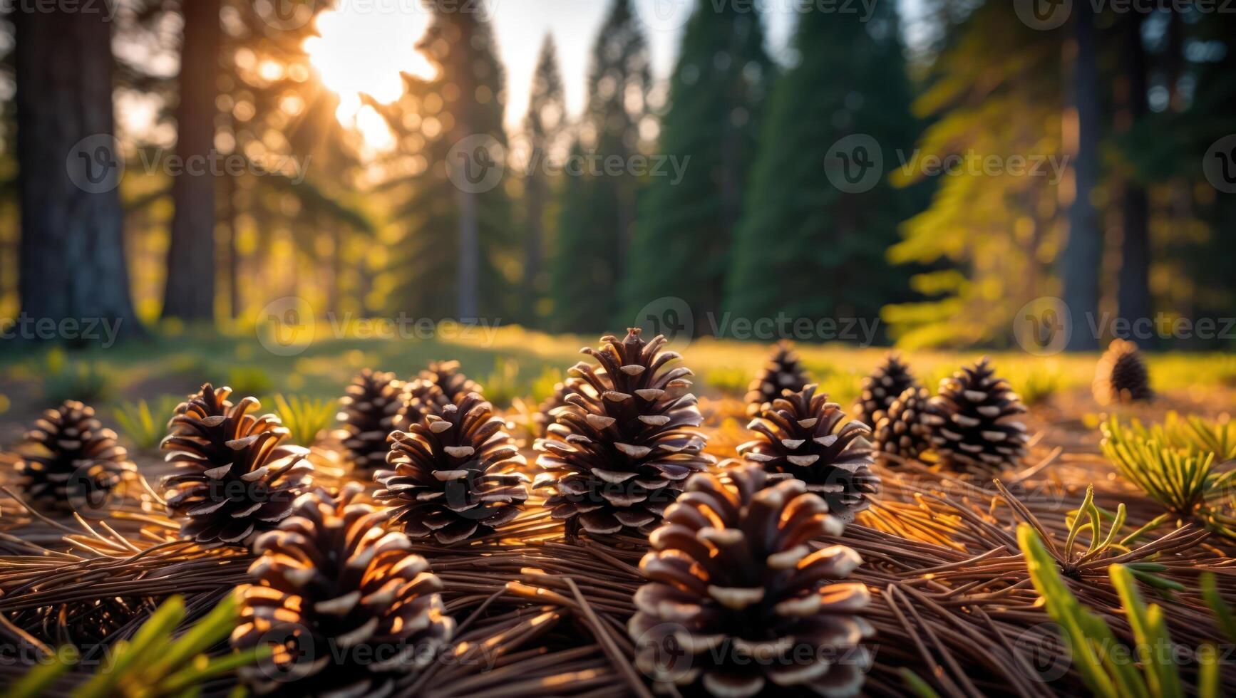 Pine Cones on Needles in Forest with Sunlight Glimmering Through photo