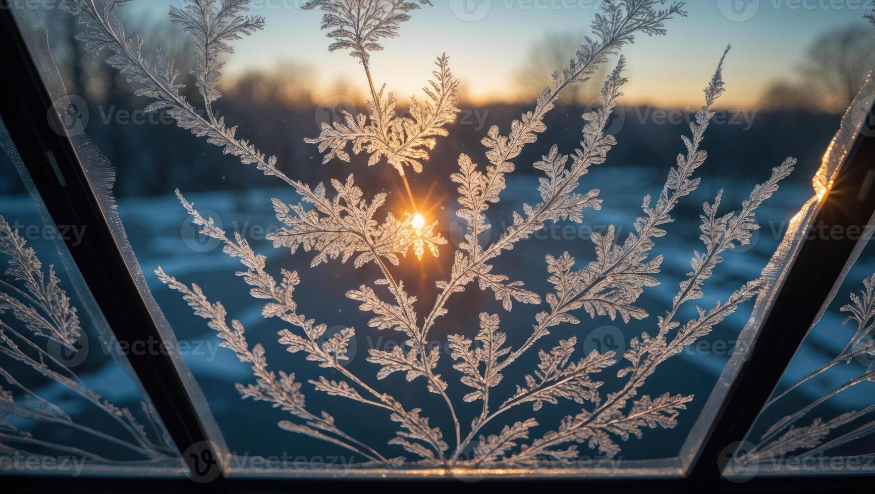 Intricate Ice Crystals Forming on Window at Sunrise in Winter photo