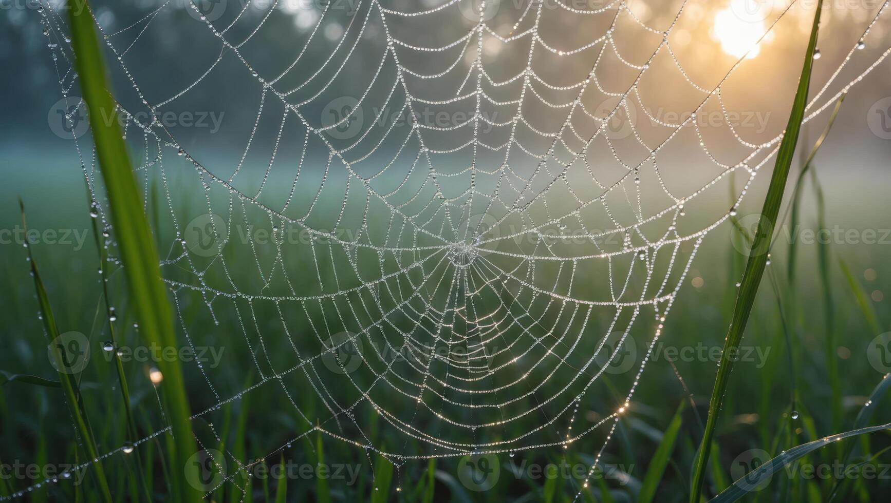 Spiderweb Covered in Dew in a Grassy Field at Sunrise photo