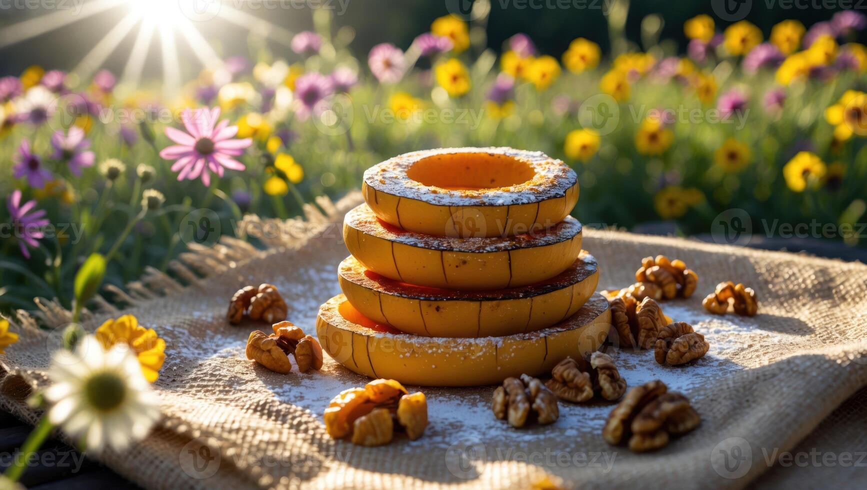 Stack of Roasted Squash Rings with Walnuts on a Burlap Cloth photo