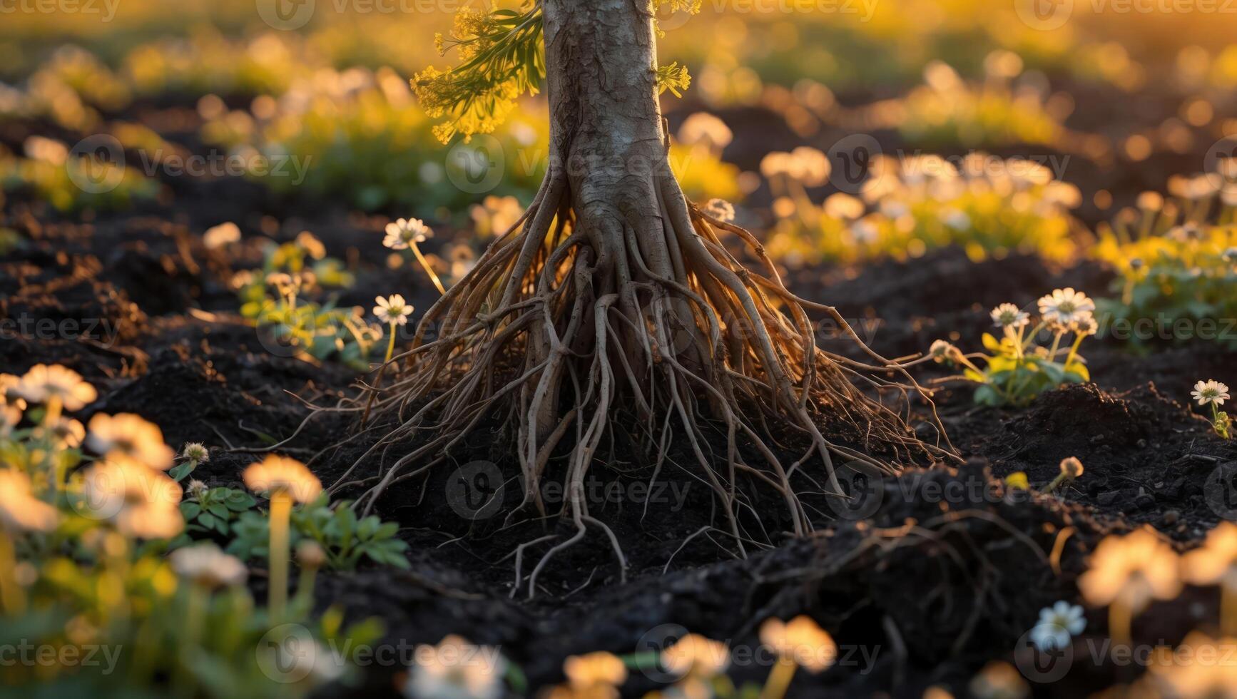 Exposed Tree Roots Growing in Soil Among Small White Flowers photo