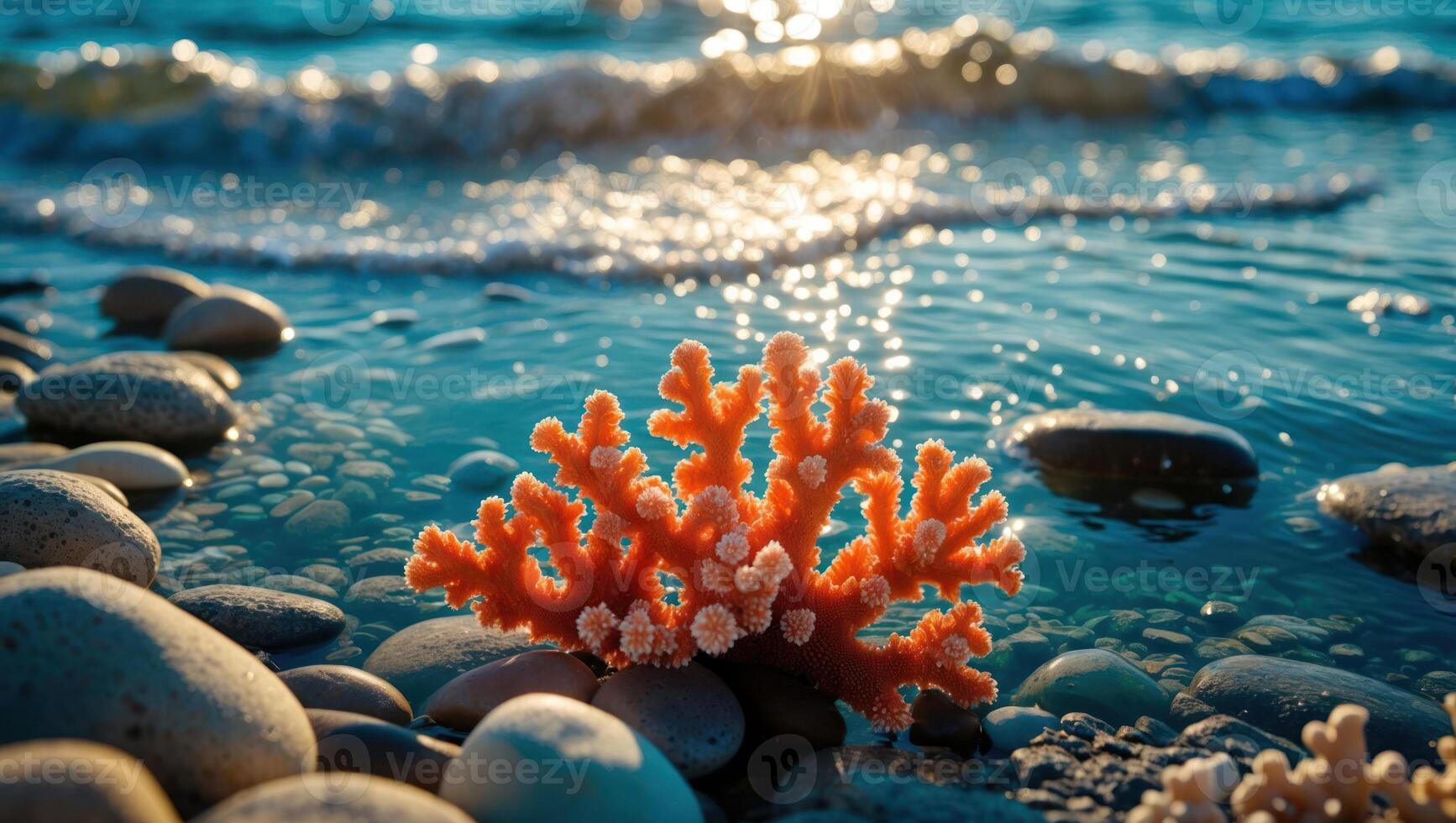 Coral on Stony Beach with Gentle Waves and Sunlight Reflection photo