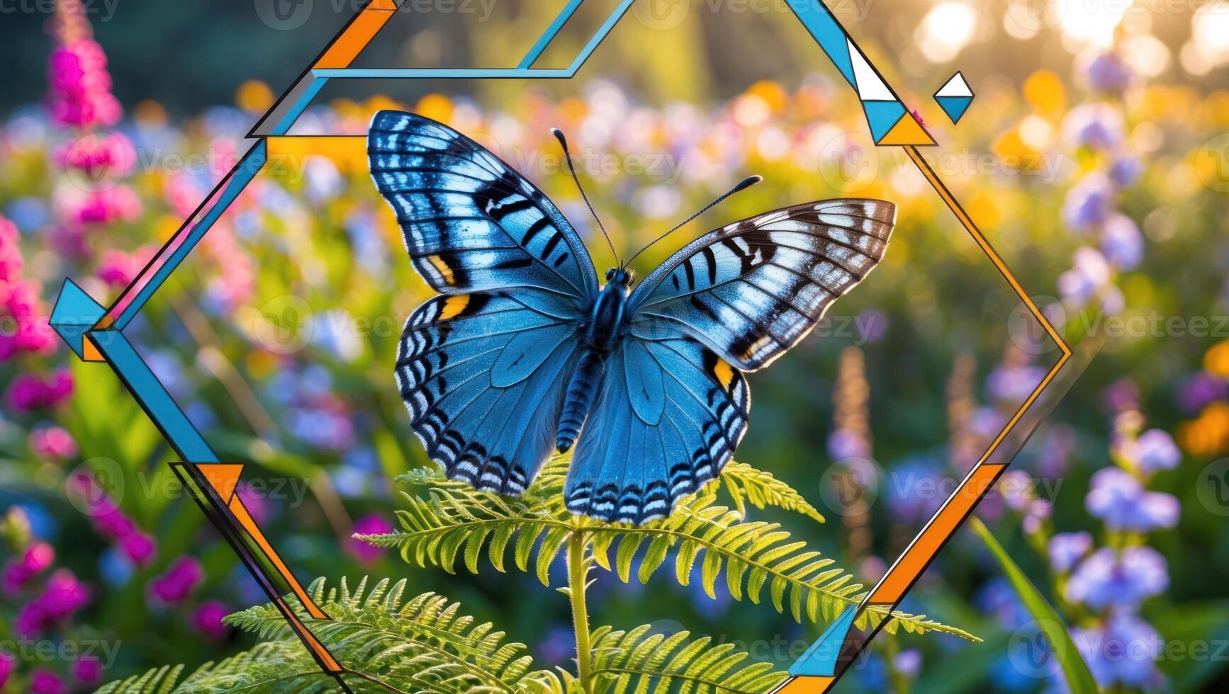 Butterfly Resting on Green Fern Leaf in a Meadow Landscape photo