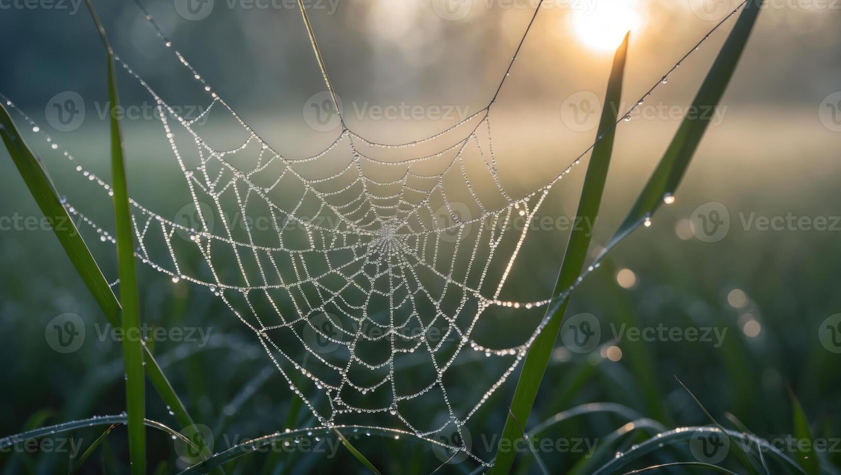 Spiderweb Covered in Morning Dew Shines in Sunlight on Green Grass photo