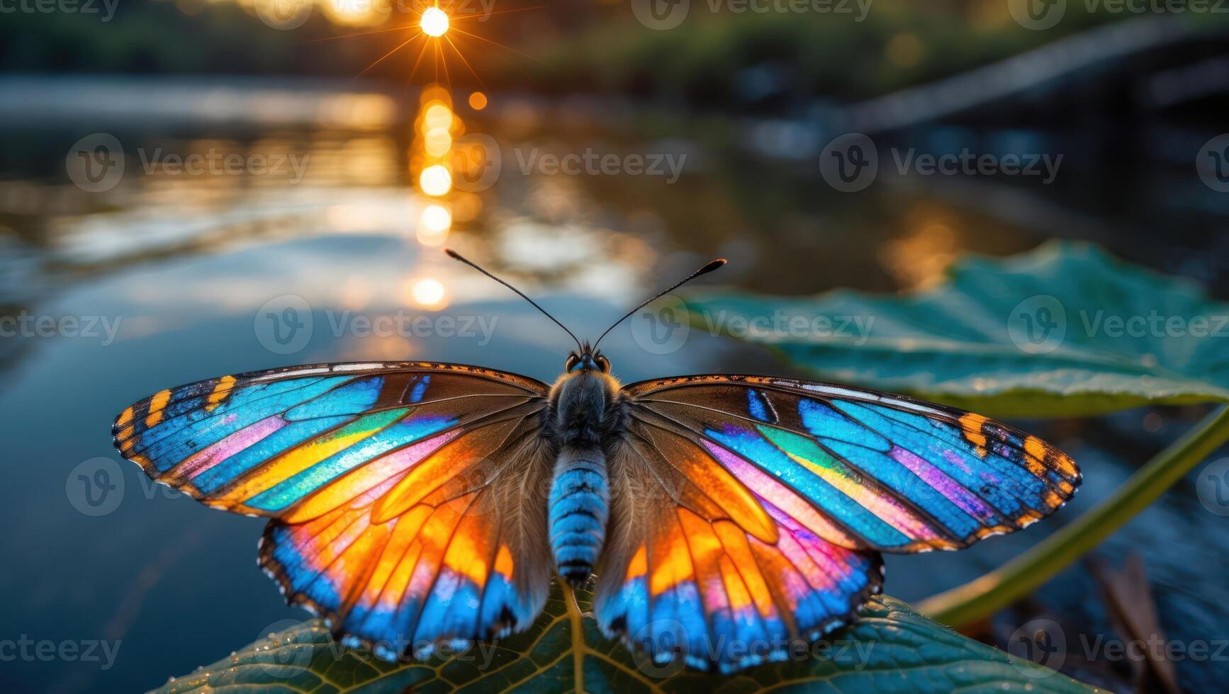 Colorful Butterfly Resting on Leaf Reflecting Sunset Over Still Water photo