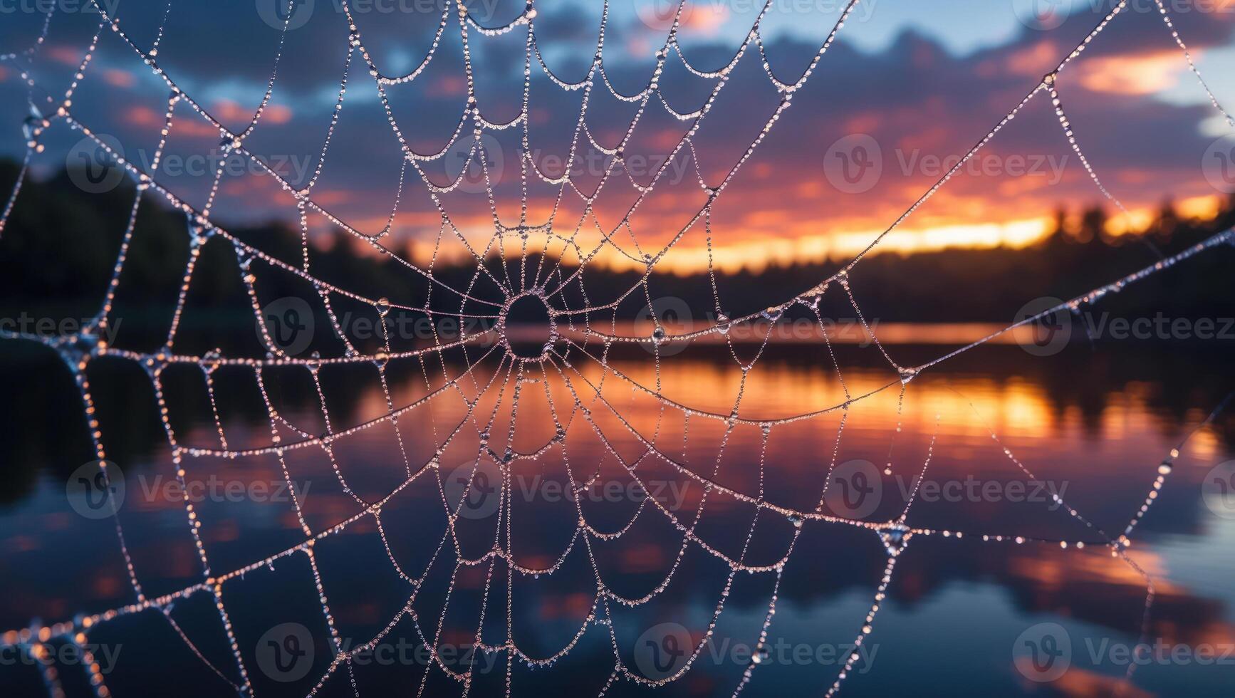 Spiderweb Covered in Dew Drops with Lake Sunset Reflection photo