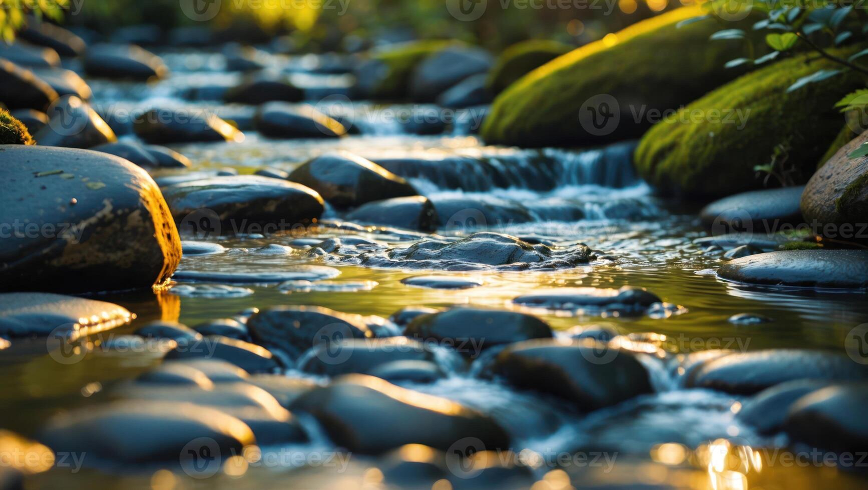 River Flowing Over Rocks and Moss in Forest with Sunlight photo