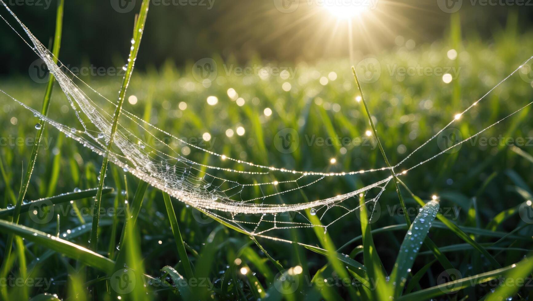 Spiderweb on Grass with Dew Drops and Sunlight in Morning photo