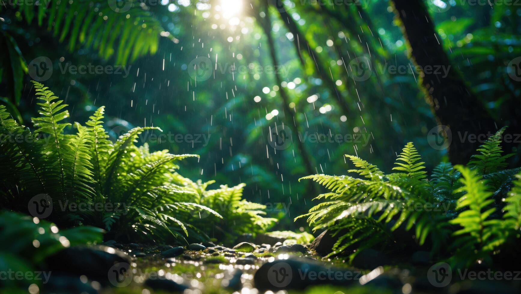 Ferns in Lush Forest with Sunlight Streaming Through Rain Drops photo