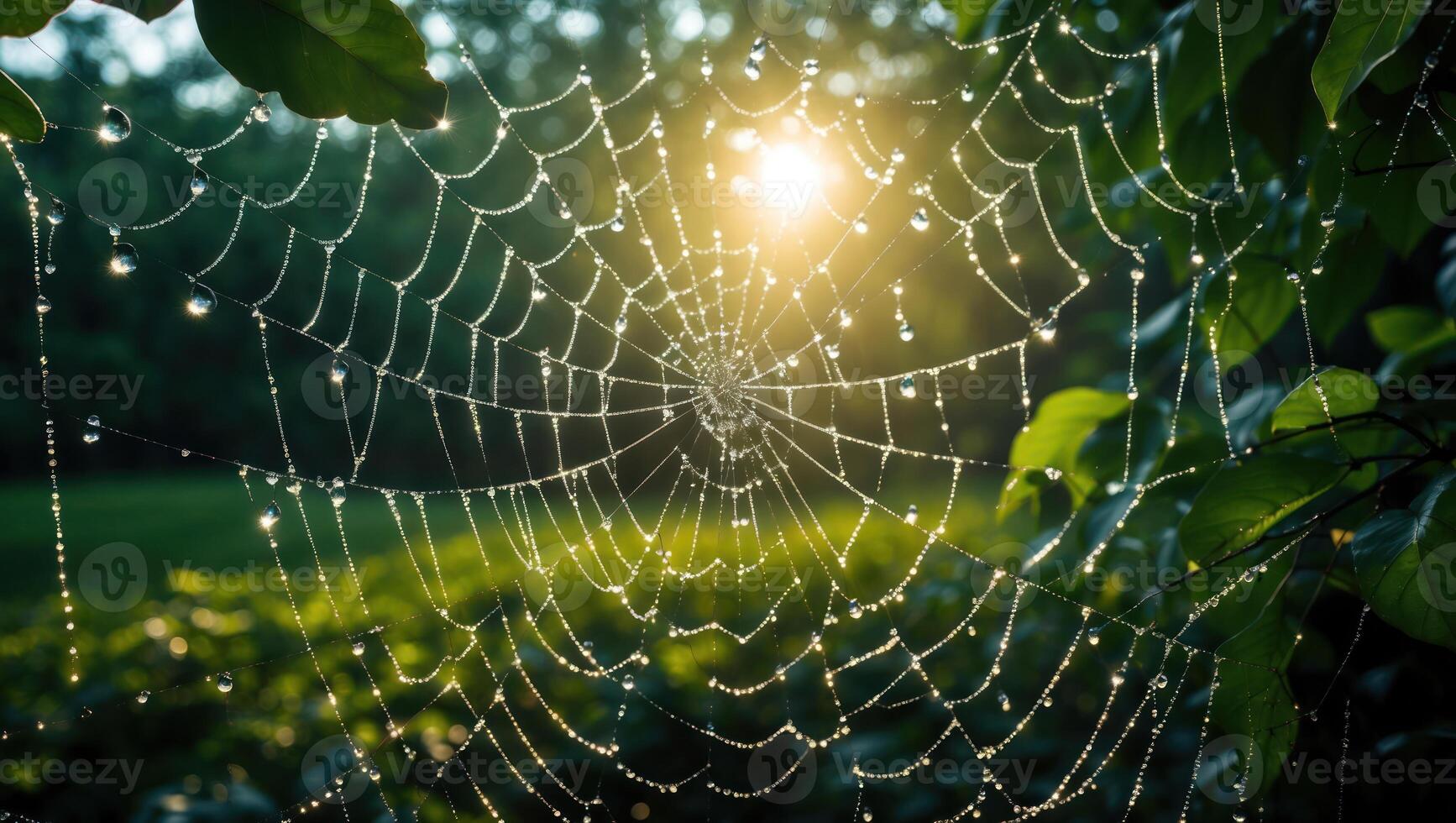 Spiderweb Covered in Dew Drops Shines in Morning Sunlight photo