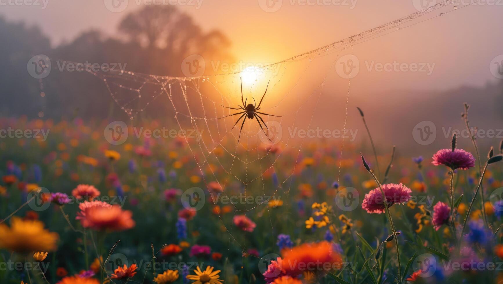 Spider on Web in Wildflower Meadow at Sunrise with Dew photo