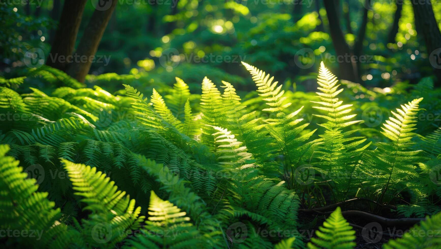 Sunlight Illuminates Green Ferns in Forest Ground Cover Scene photo