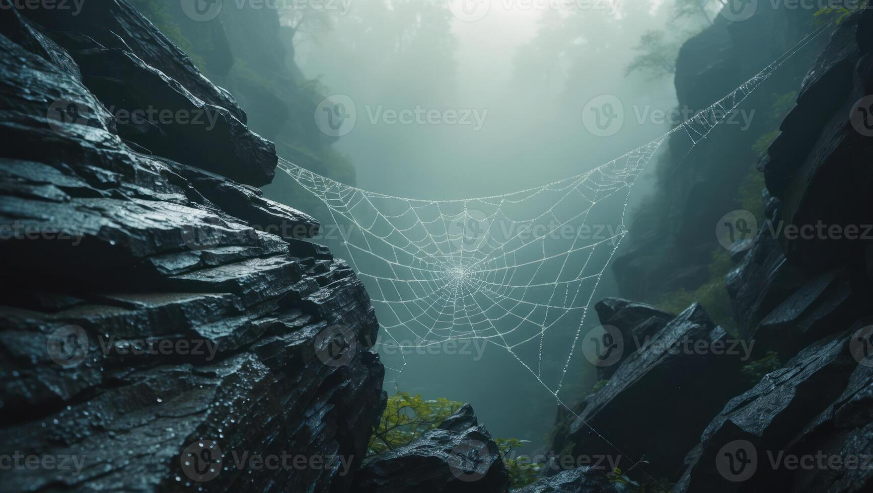 Spiderweb Covered in Dew Drops Strung Between Rocks in Forest photo
