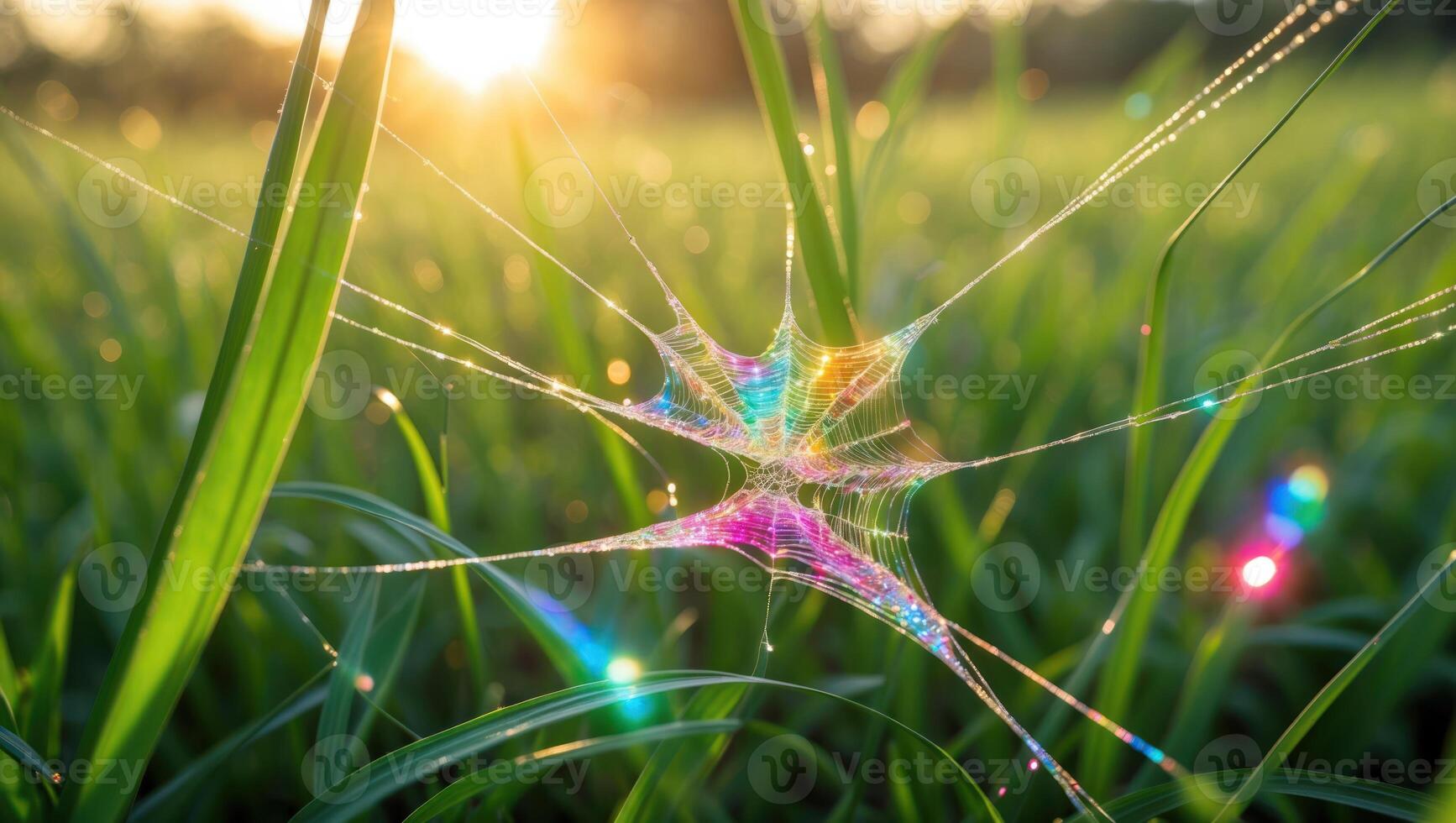 Intricate Spiderweb with Dewdrops and Rainbow Light in Green Grass photo