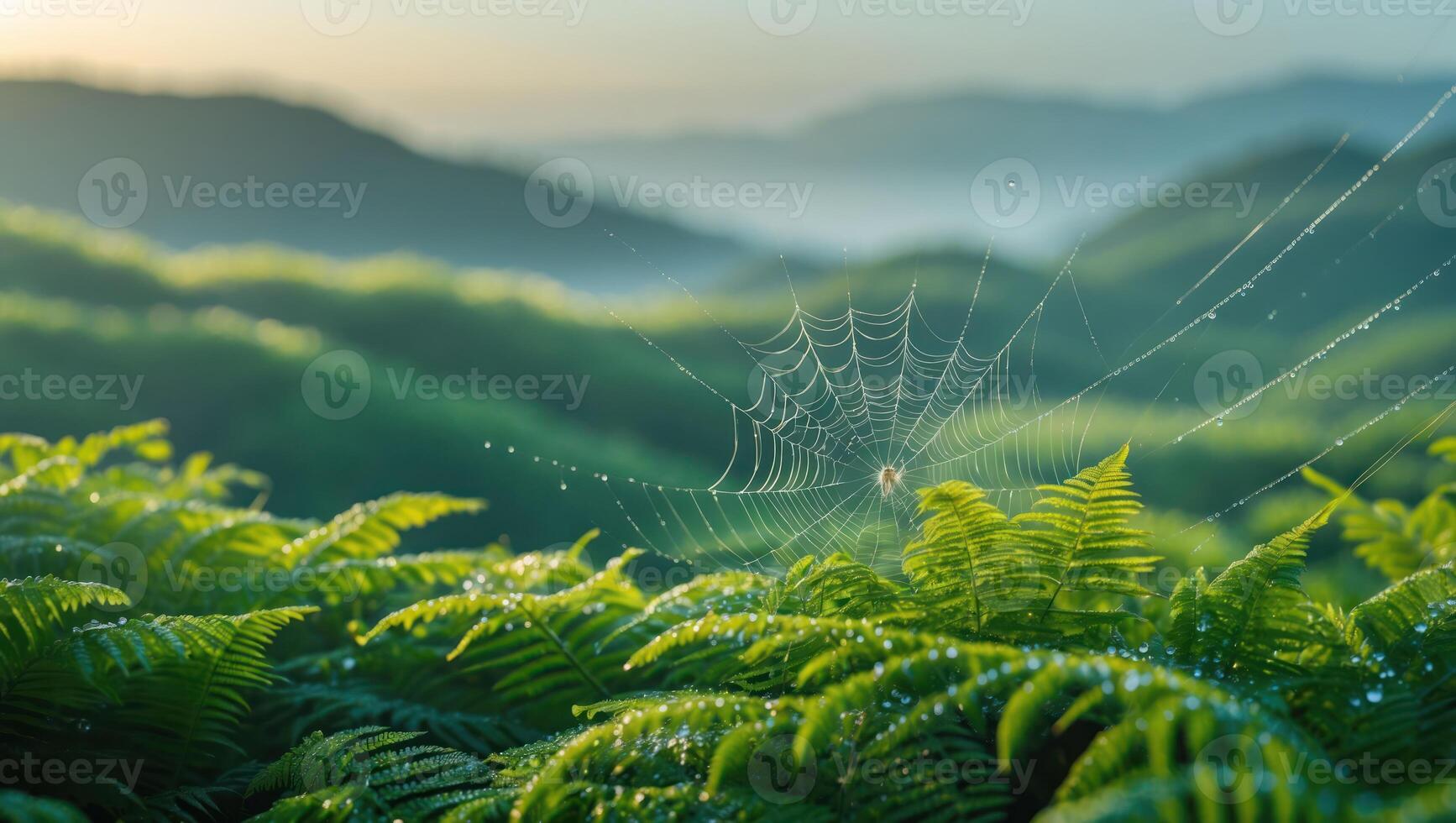 Spiderweb in Ferns with Dewdrops Shines in the Morning Light photo