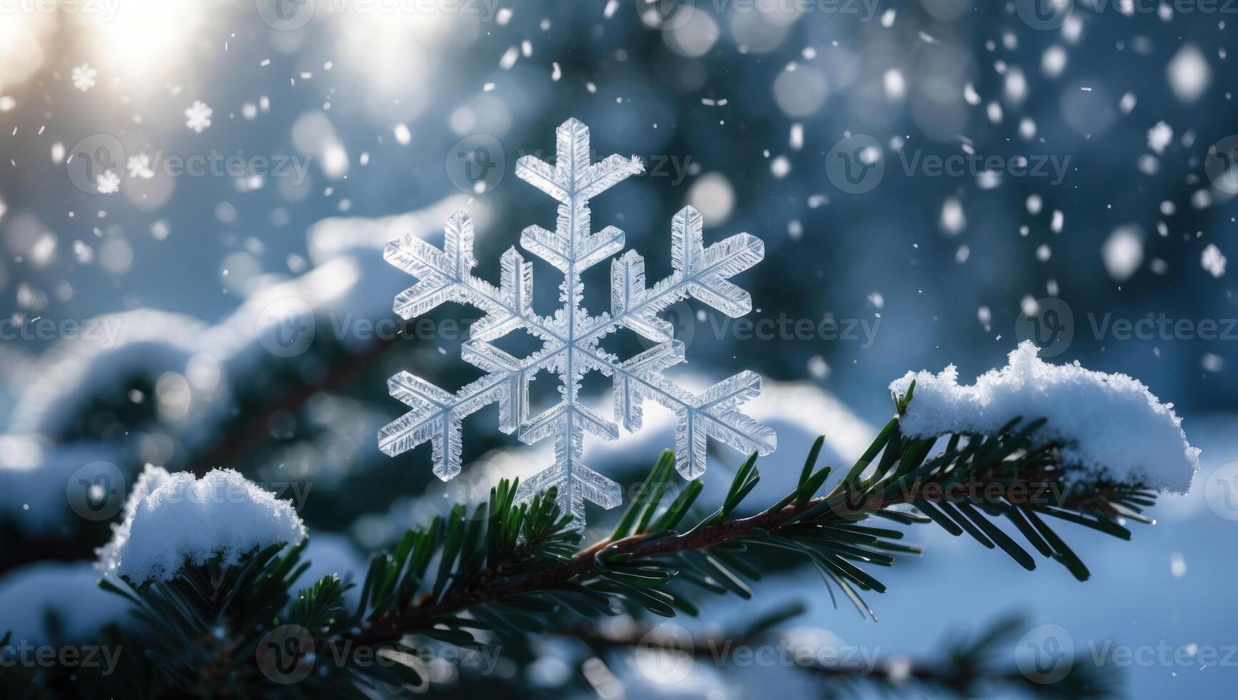 Snowflake on Evergreen Branch with Falling Snow Winter Scene photo
