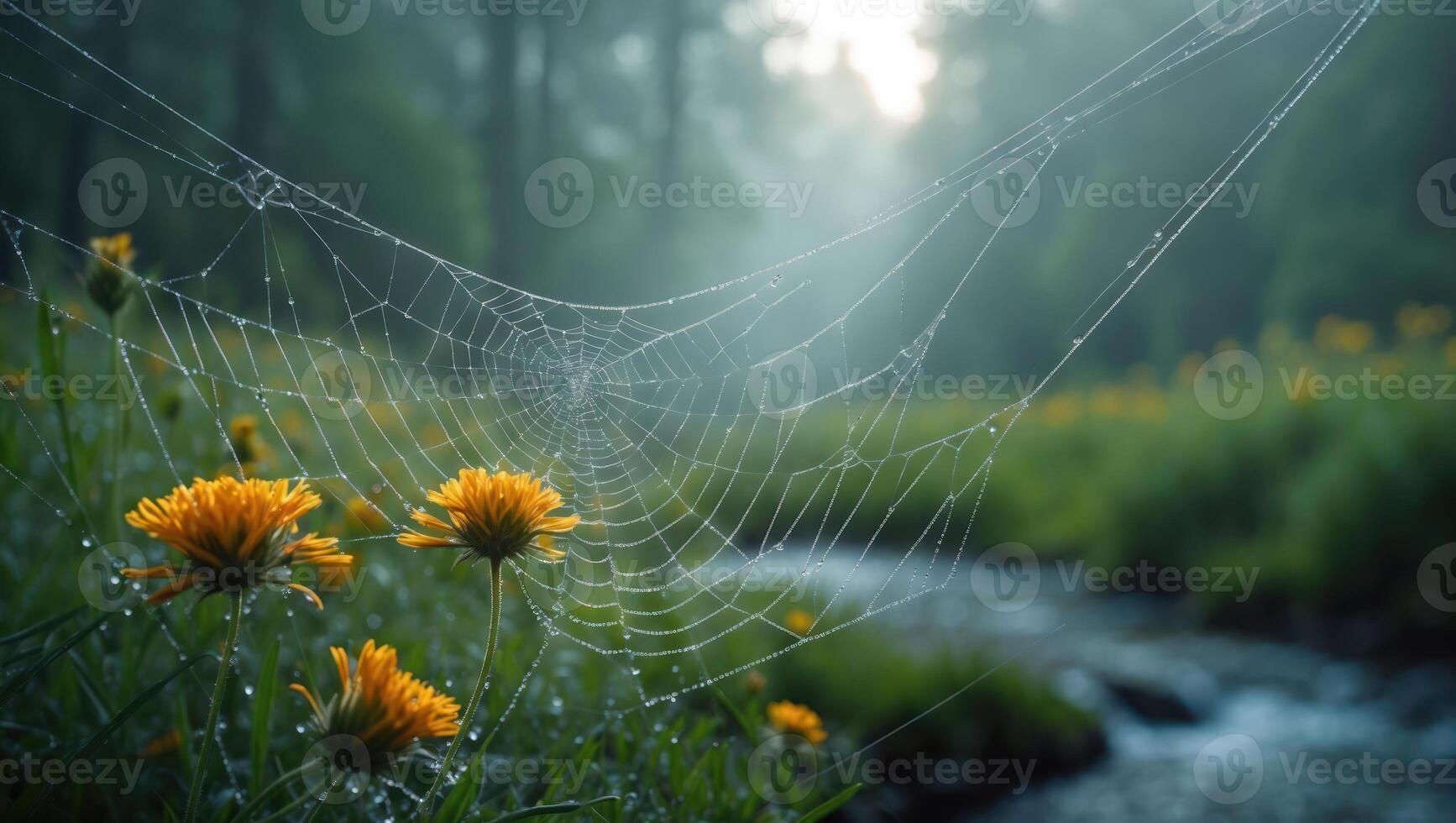 Spiderweb with Dewdrops Over Flowers in a Forest Stream Setting photo