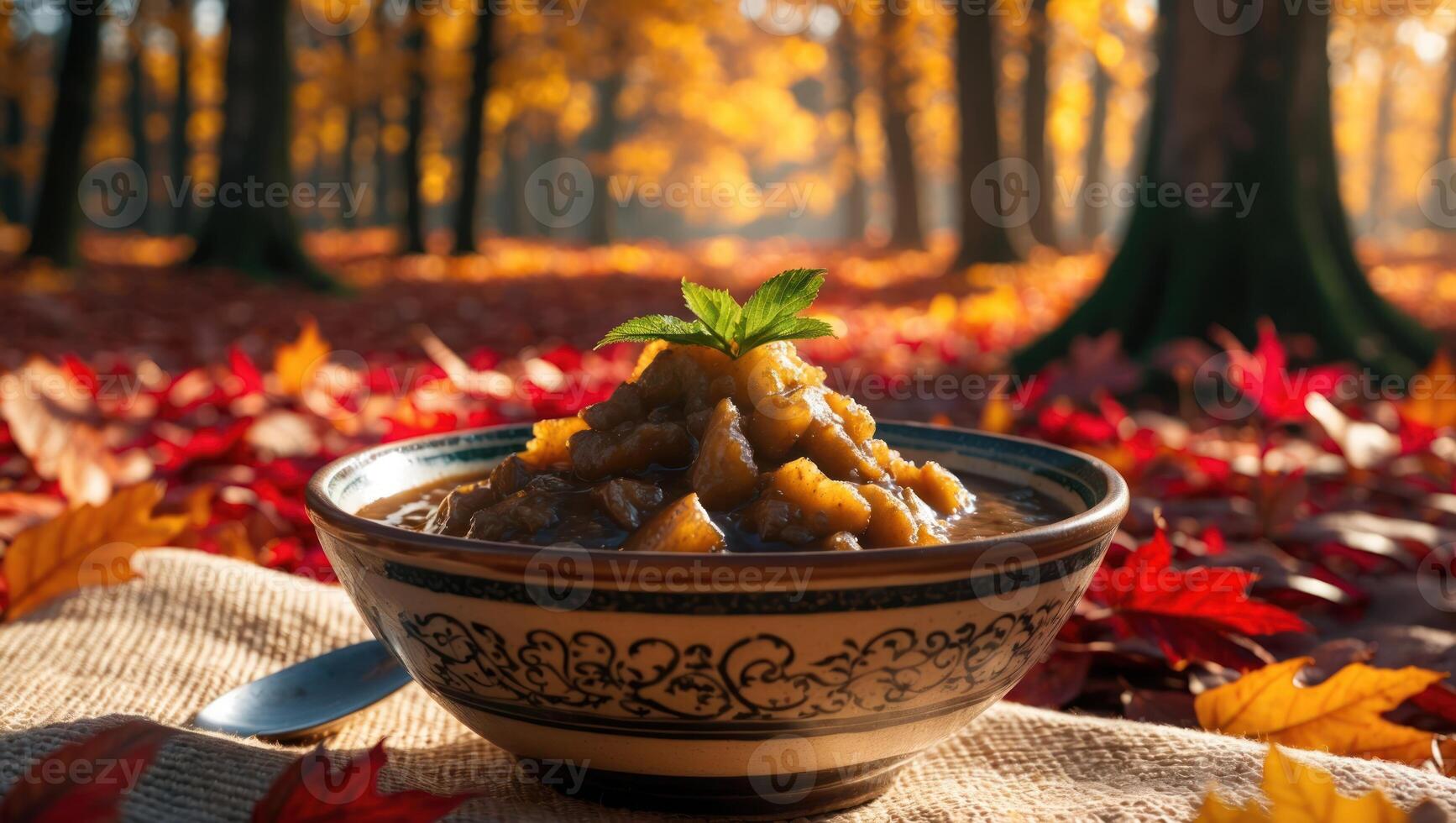 Bowl of Apple Compote Outdoors Surrounded by Fall Foliage photo