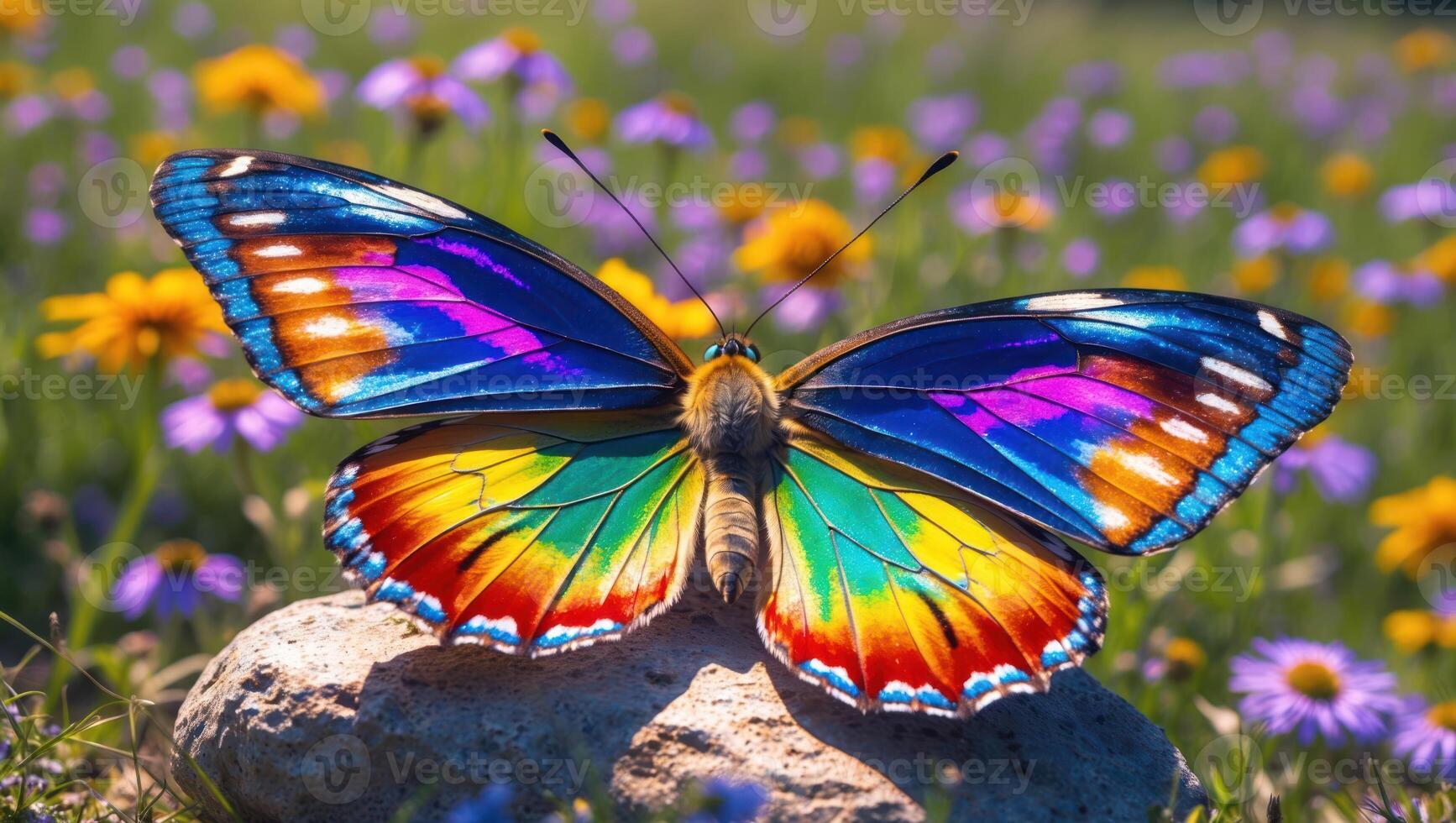 Colorful Butterfly Resting on Rock Surrounded by Wildflowers in Meadow photo