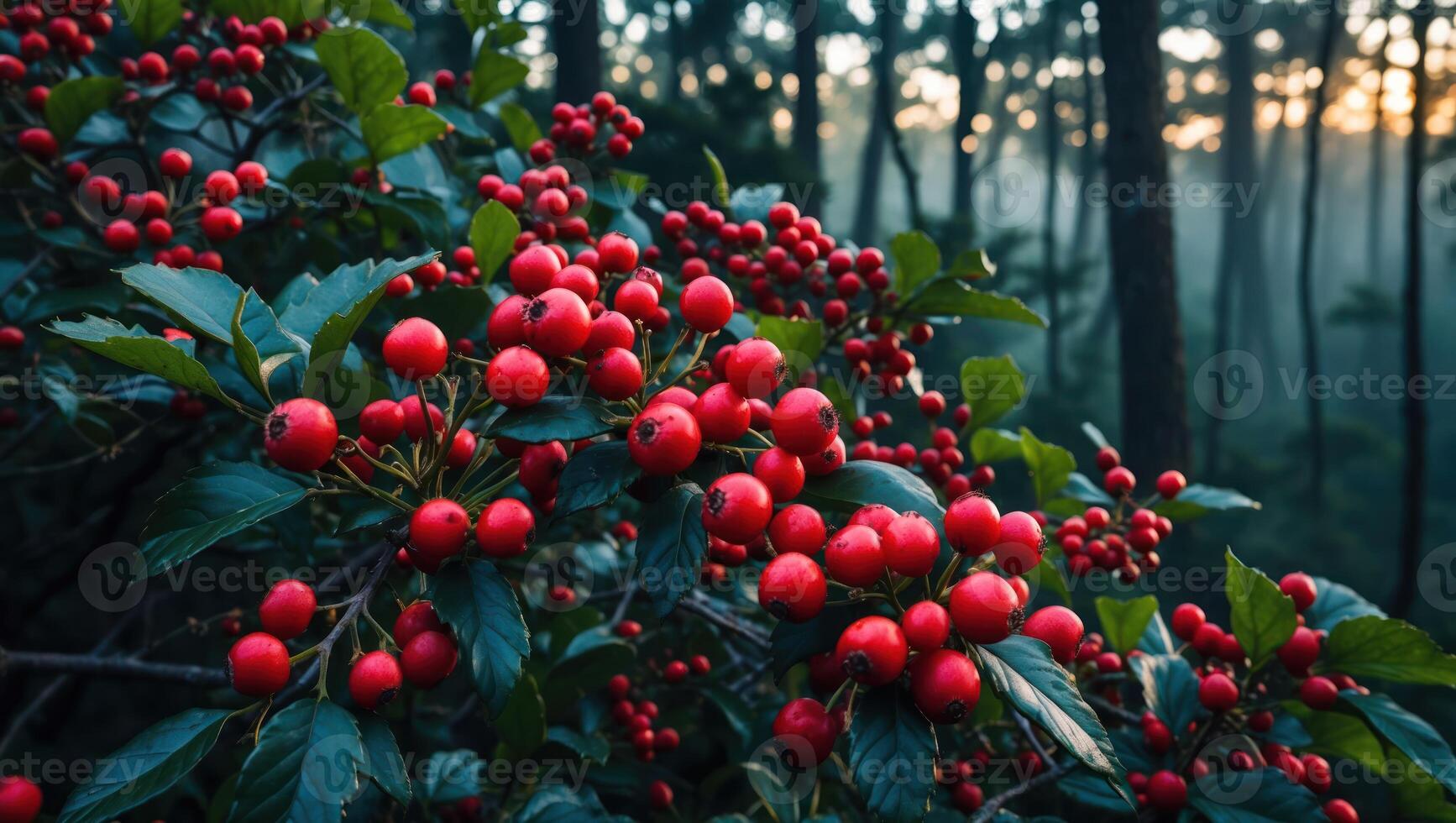 Red Berries in Forest Bush Close-up with Misty Tree Background photo