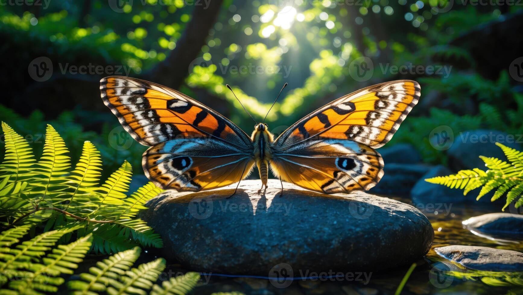 Butterfly Resting on Stone by Creek in Shaded Forest photo