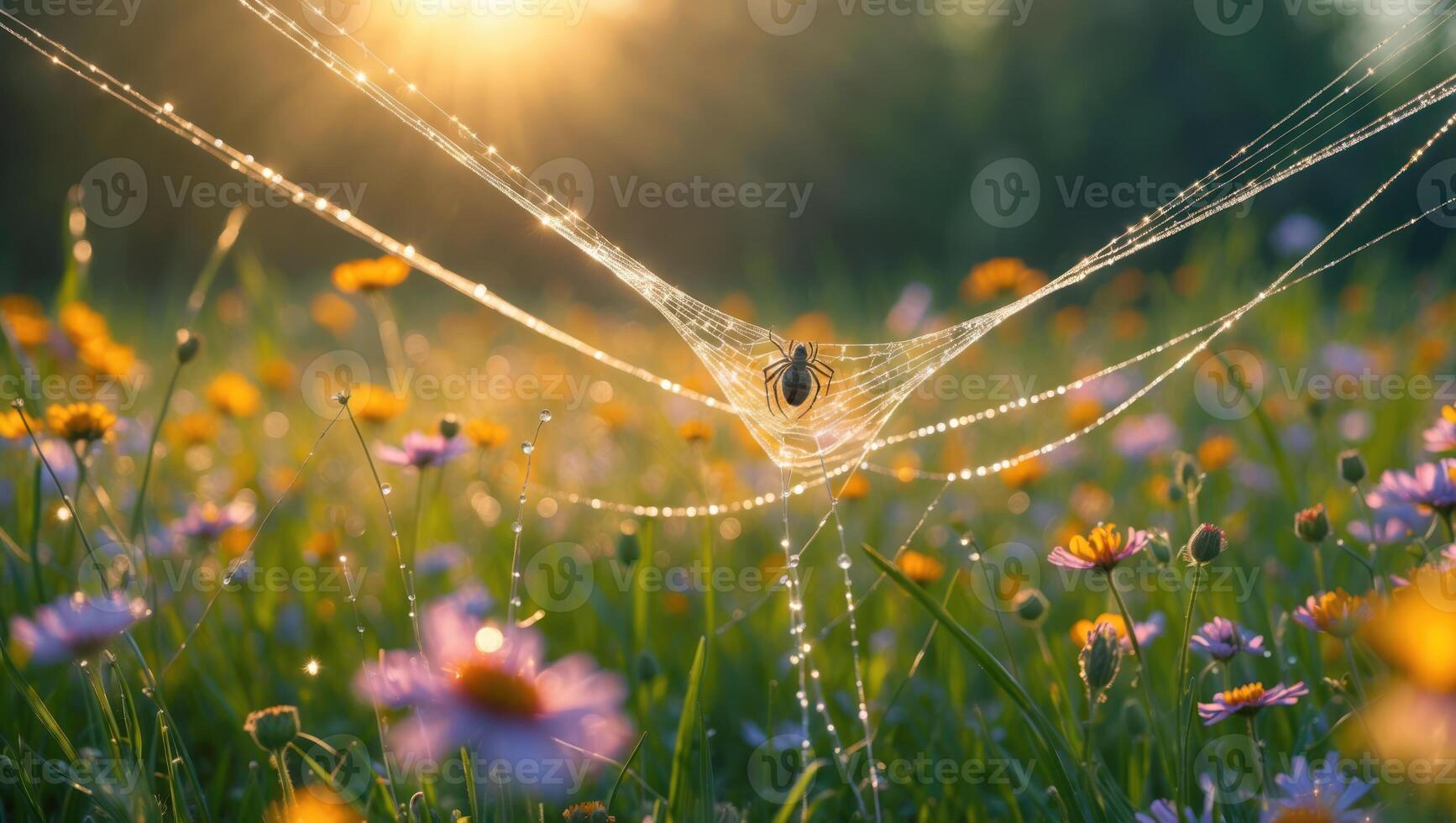 Spider Resting on Web in Field of Flowers with Morning Dew photo
