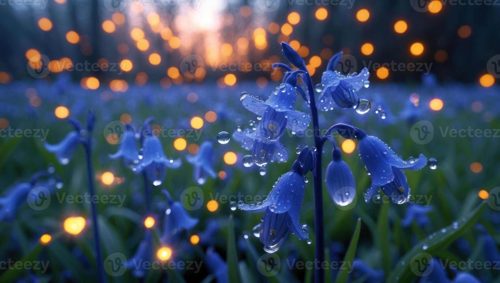 Bluebell Flowers with Droplets Glowing Light in Forest Meadow photo