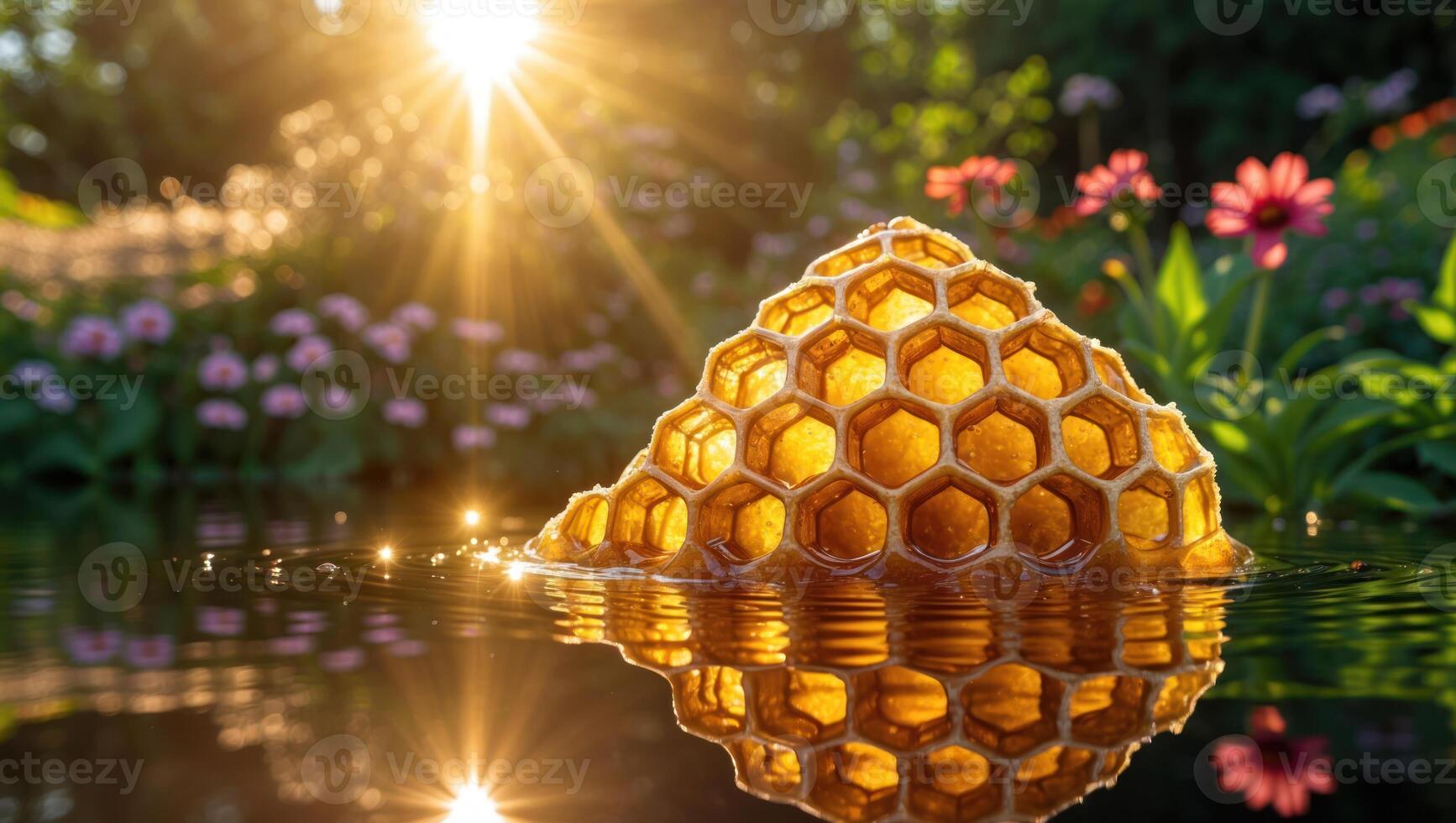 Honeycomb Floating on Water at Sunset with a Floral Background photo