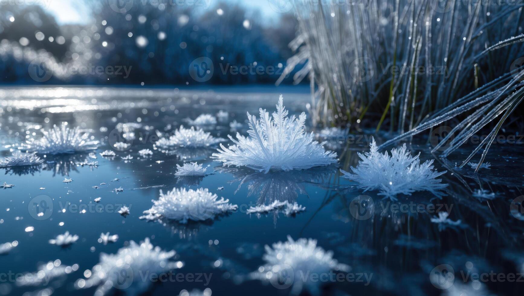 Icy Landscape with Frozen Water Crystals and Grass Near Lake photo