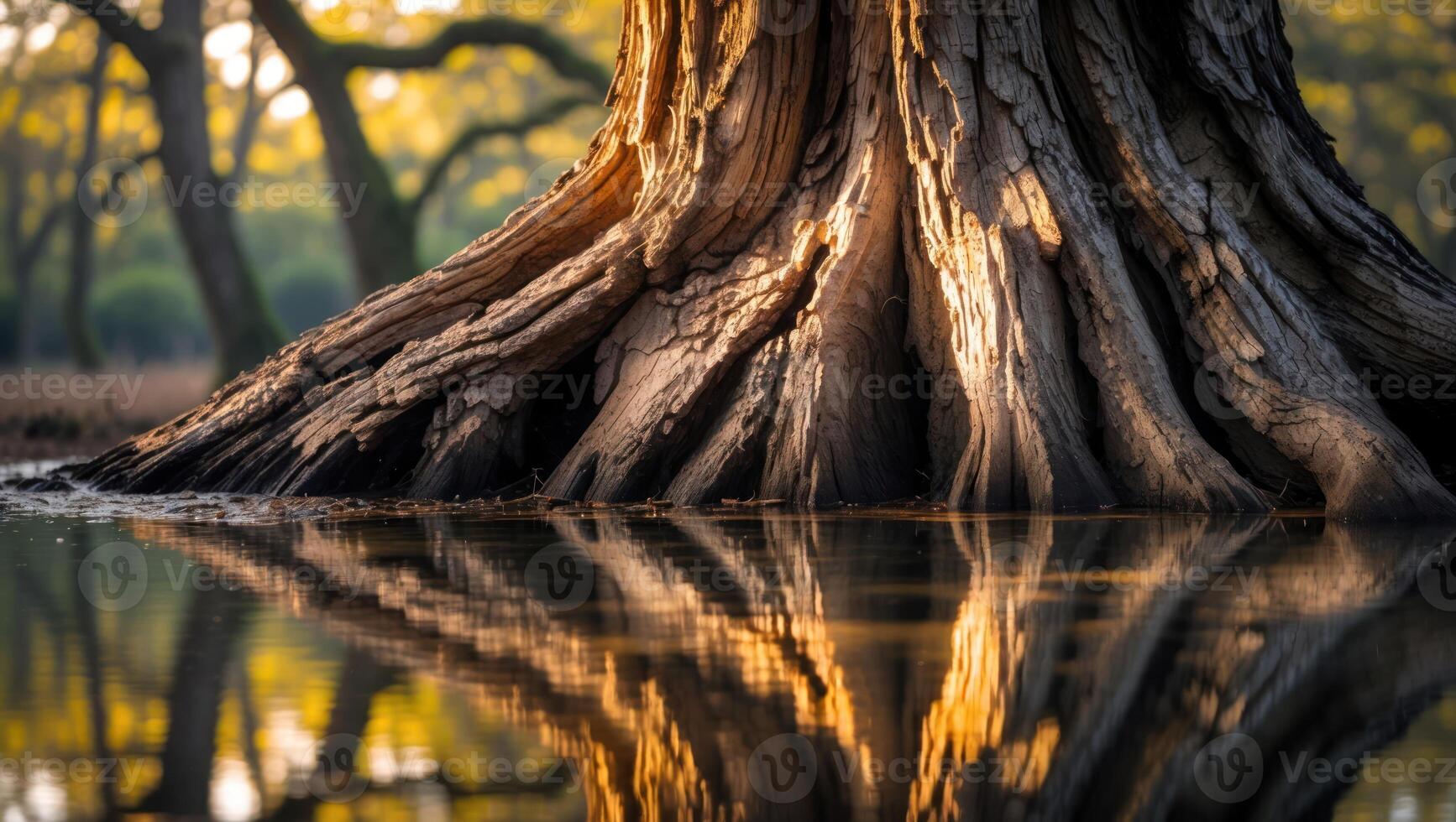 Tree Trunk Standing in Water with Golden Reflections in Forest photo
