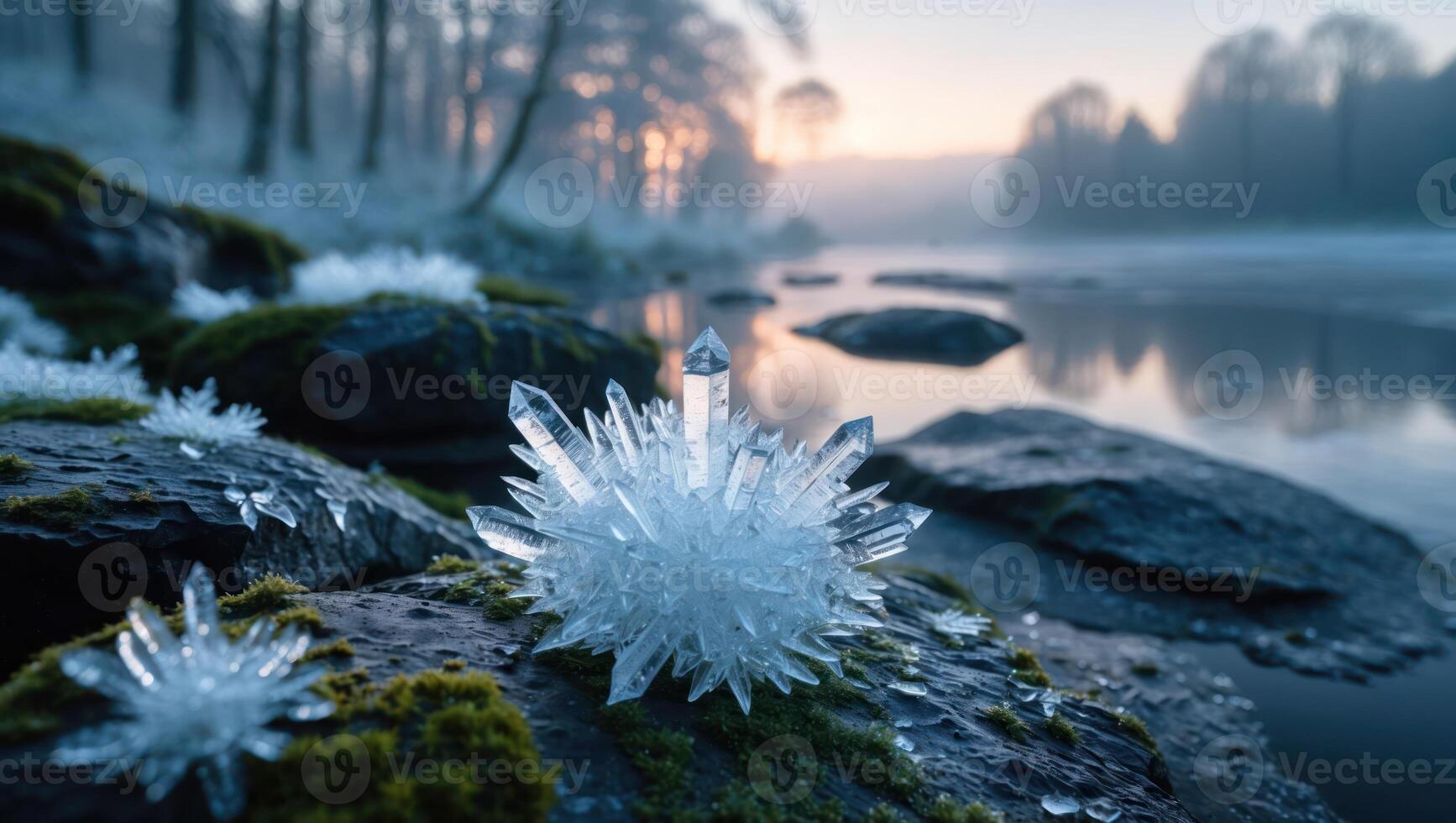 Crystals Growing on Mossy Rocks by Calm River in Forest photo